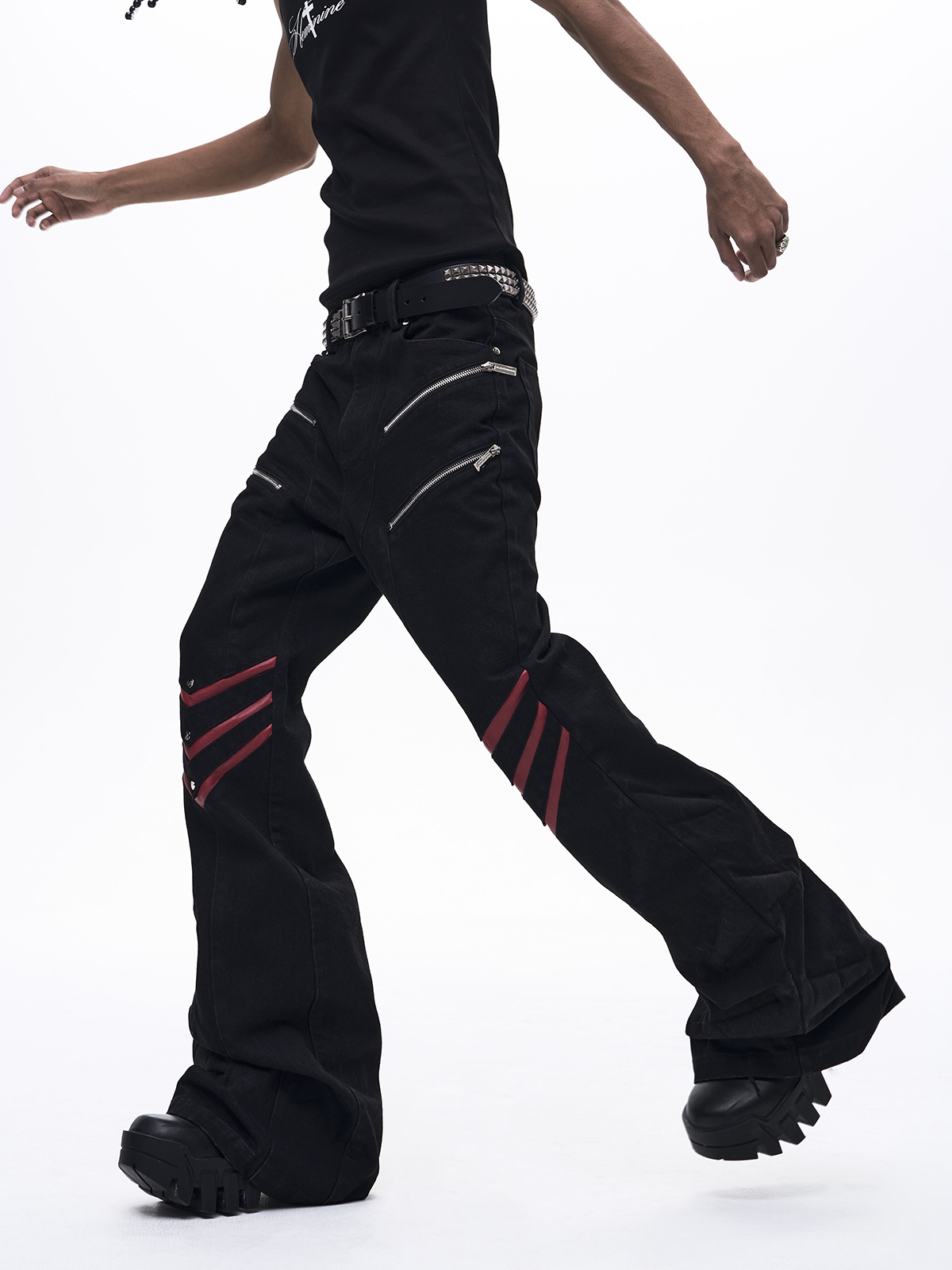 INDUSTRIAL ZIPPER LEATHER PATCHWORK FLARE JEANS-BLACK