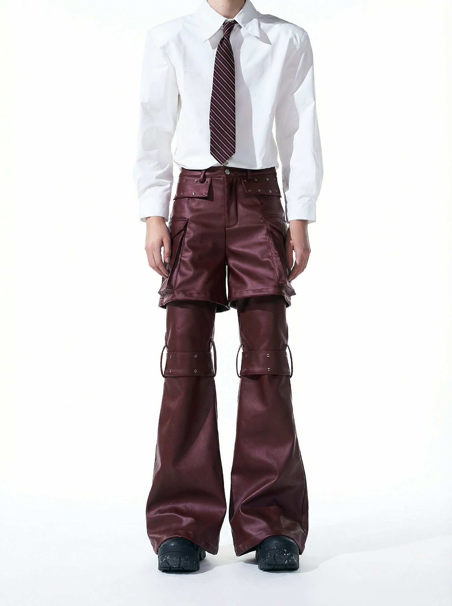 DECONSTRUCTED 2-IN-1 RIVET CARGO LEATHER PANTS-BURGUNDY