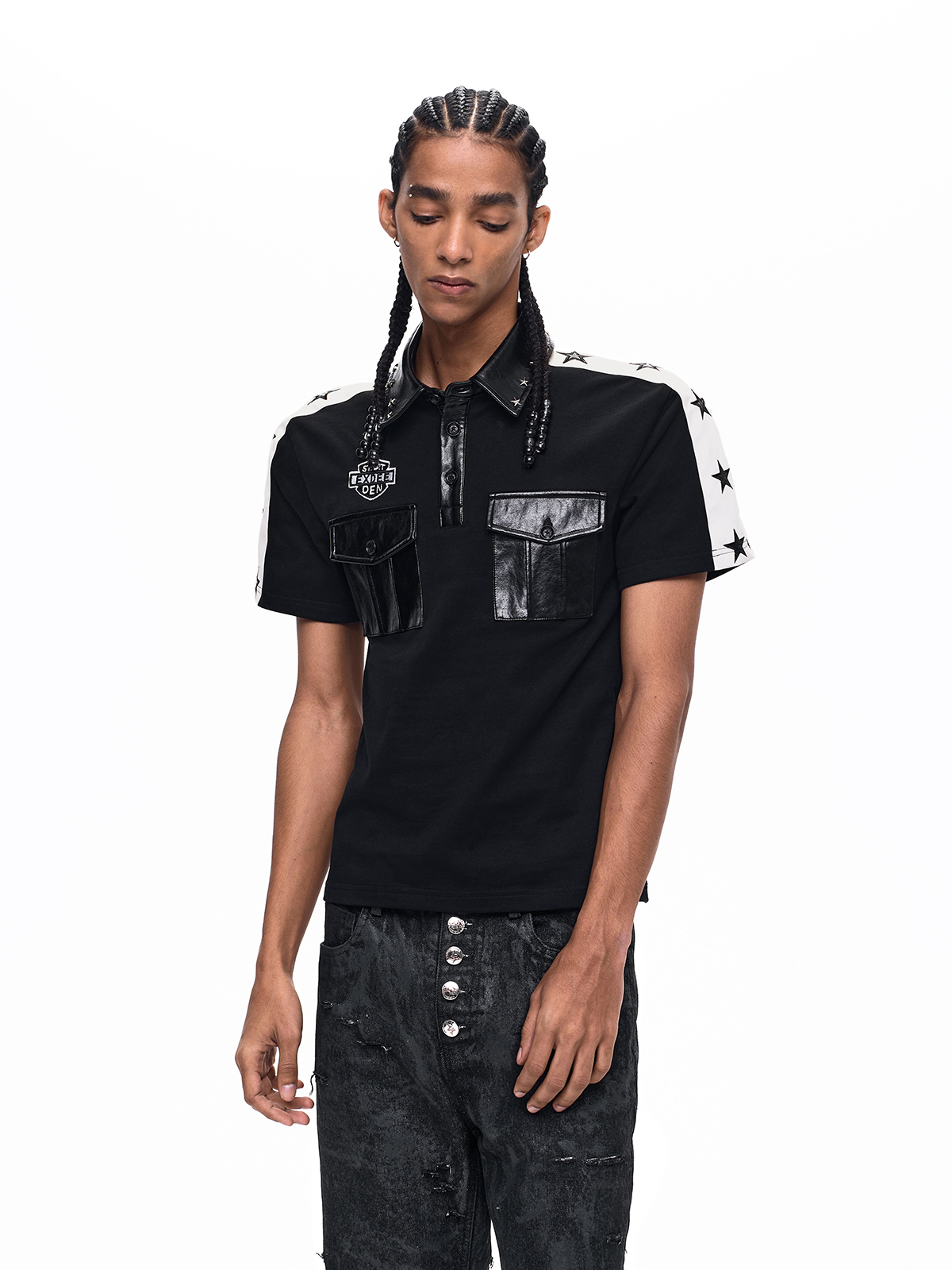 STAR STUDDED LEATHER-PANEL POLO SHIRT