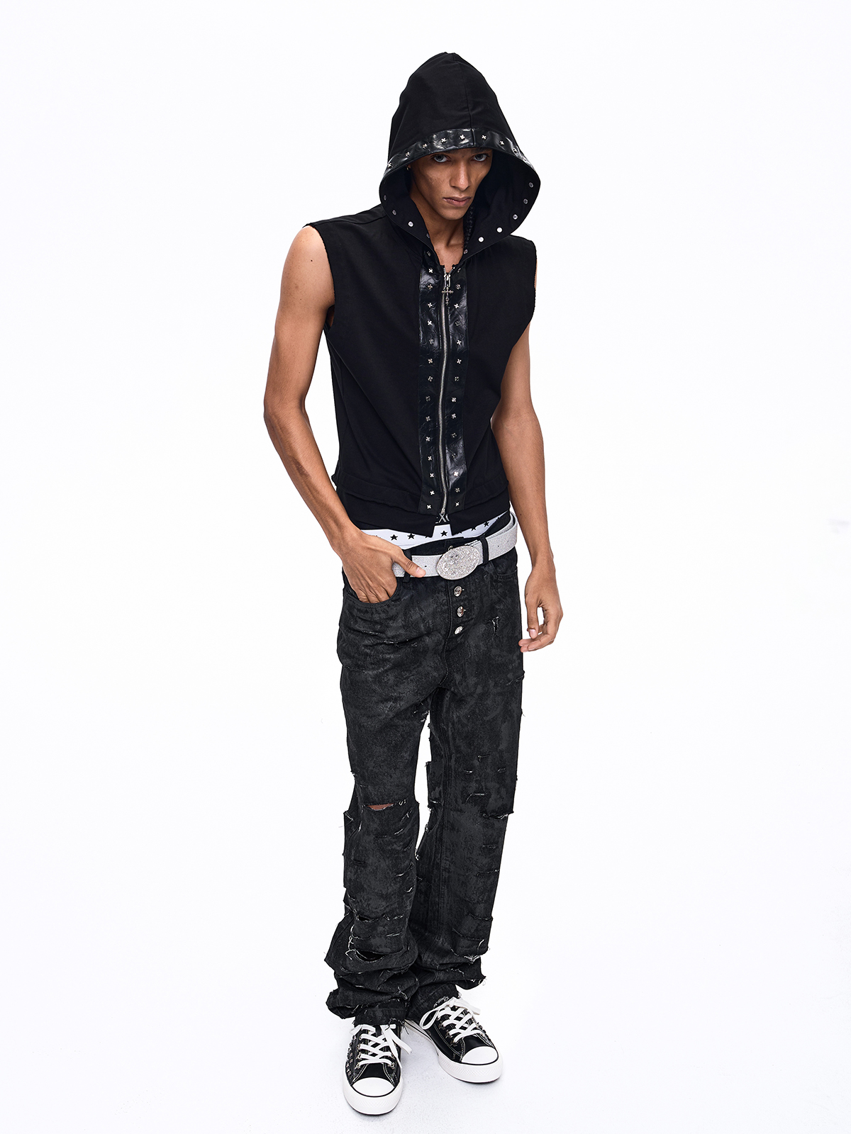 TUDDED CROSS LEATHER-PANEL HOODED VEST