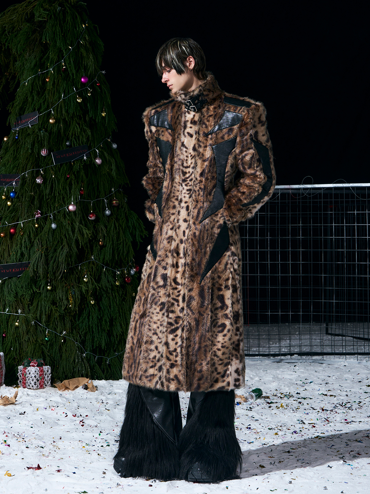 LEOPARD FAUX FUR LEATHER-PANEL MAXI COAT