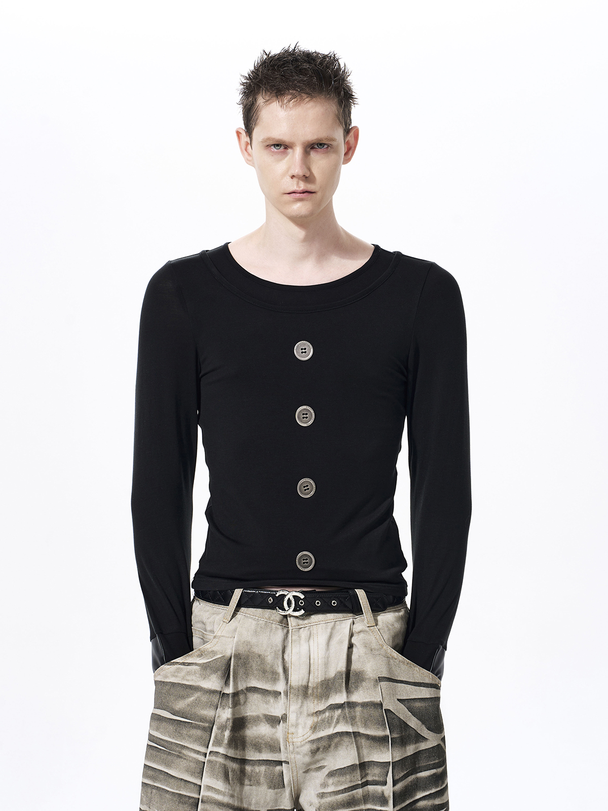 FAUX LAYERED TENCEL BUTTON LONGSLEEVE-BLACK