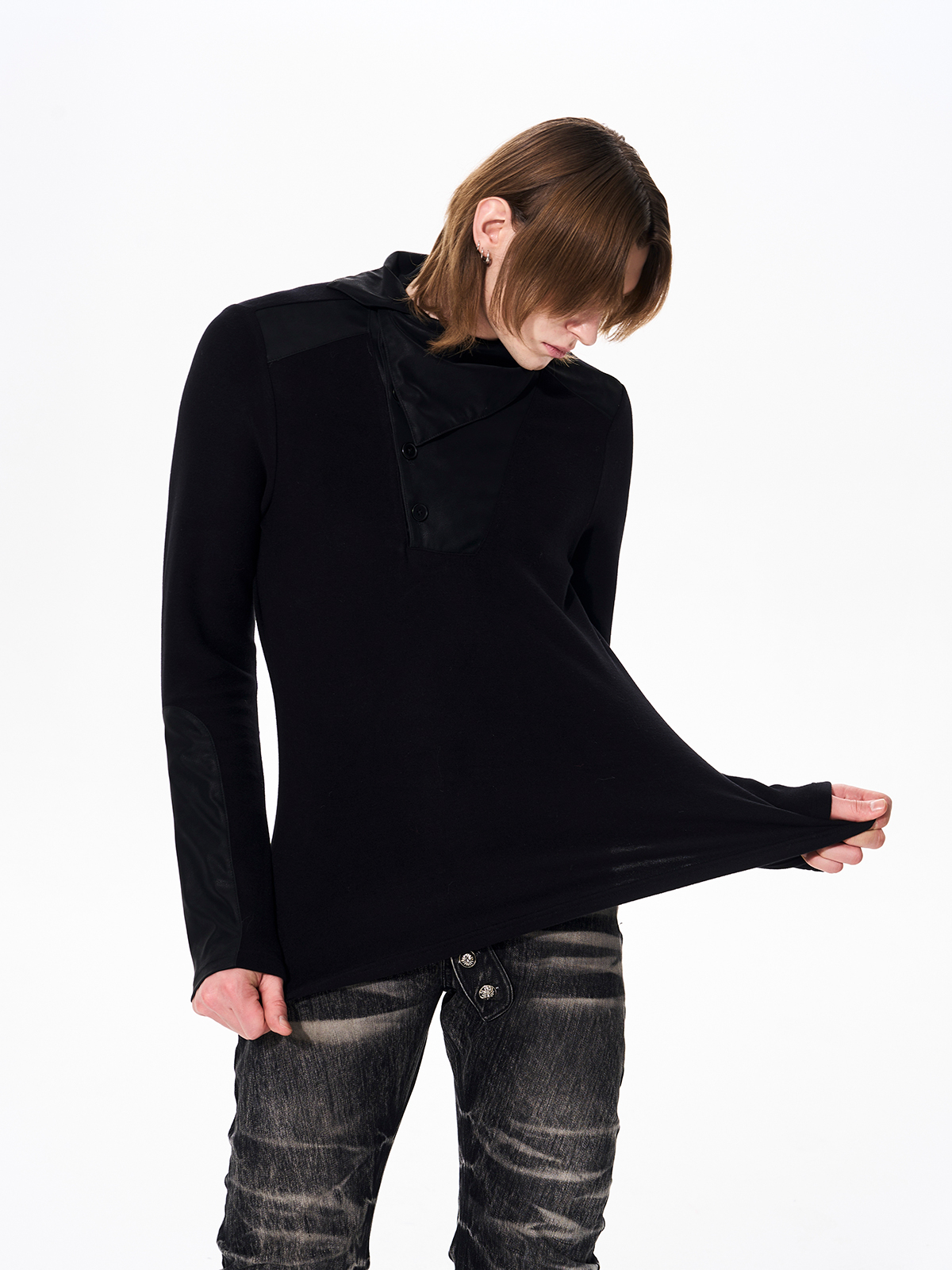 LEATHER PANEL BUTTON NECK FLEECE TOP