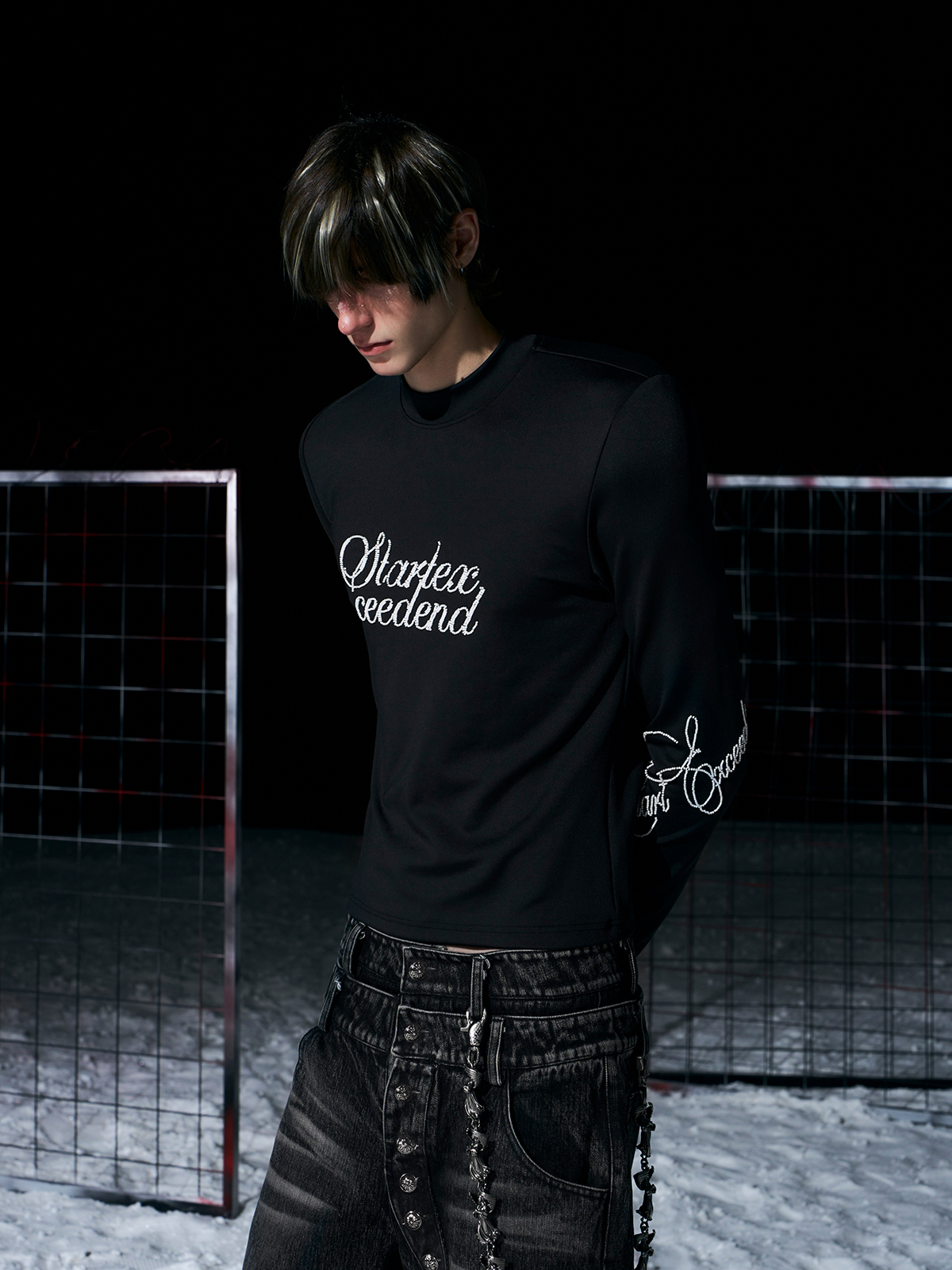 BLACK RHINESTONE SCRIPT MOCK NECK LONG SLEEVE