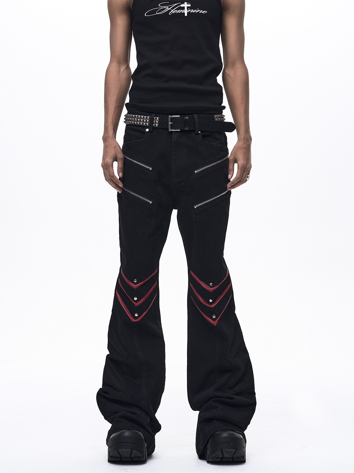 INDUSTRIAL ZIPPER LEATHER PATCHWORK FLARE JEANS-BLACK