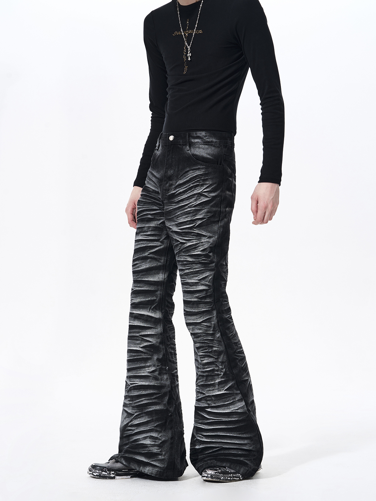 METALLIC COATED RIPPLE PLEATED FLARE DENIM