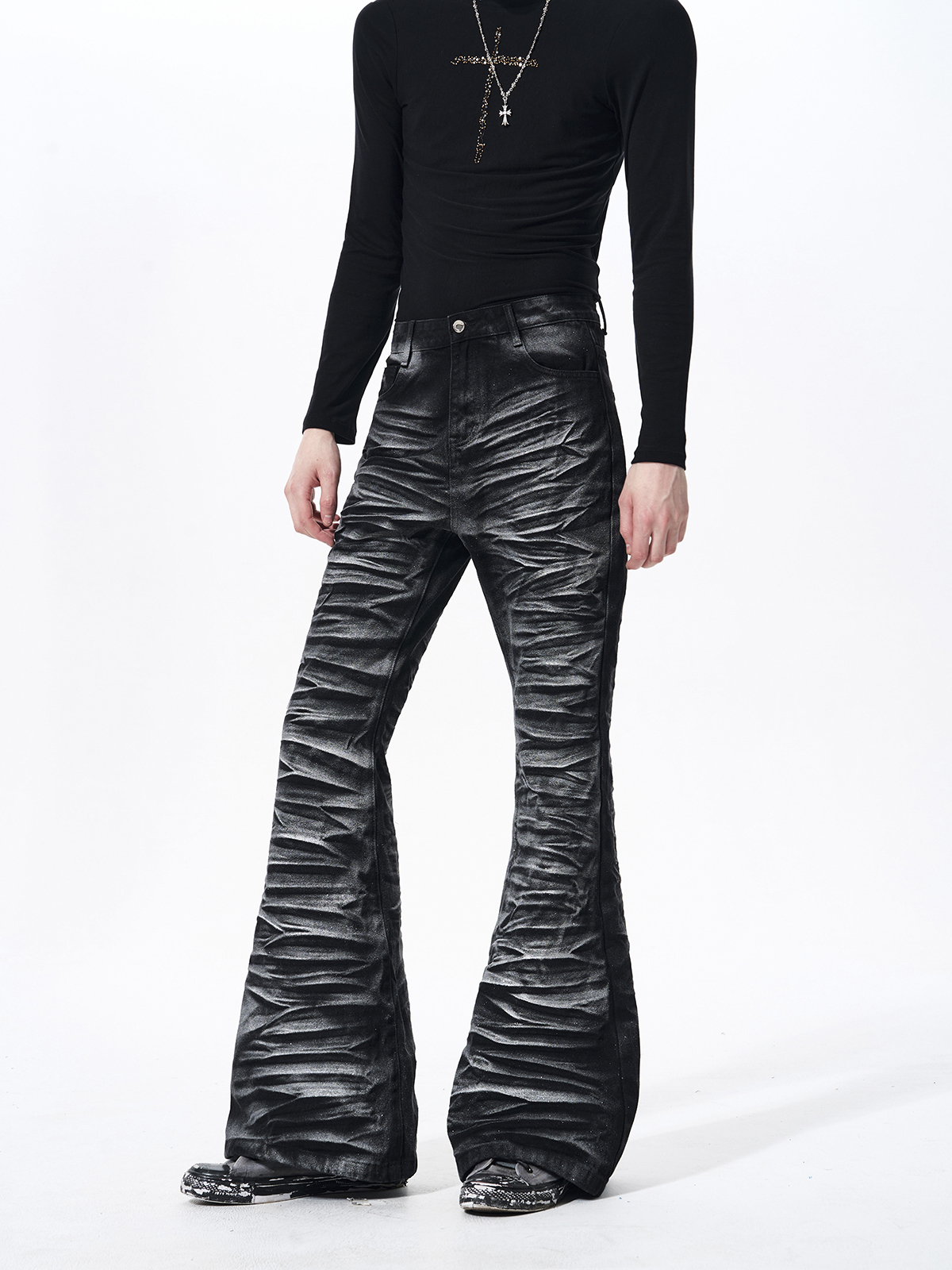 METALLIC COATED RIPPLE PLEATED FLARE DENIM