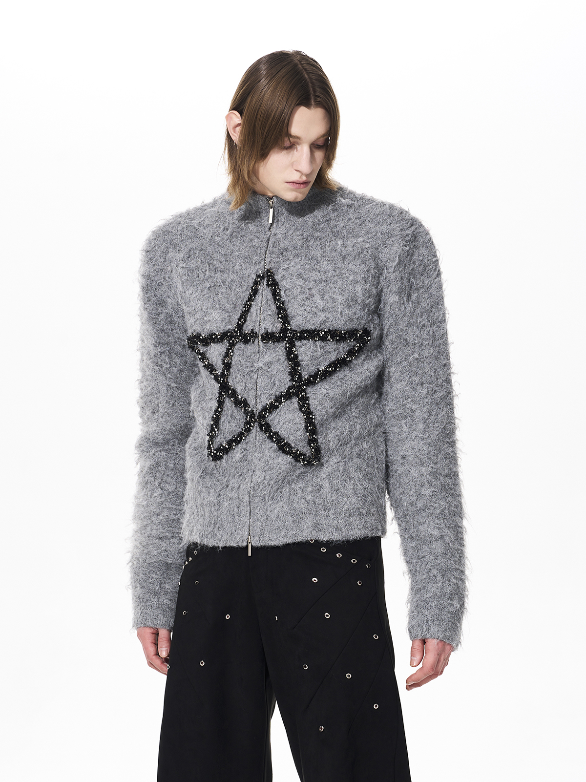 MOHAIR STAR ZIP-UP STAND COLLAR KNIT-GREY