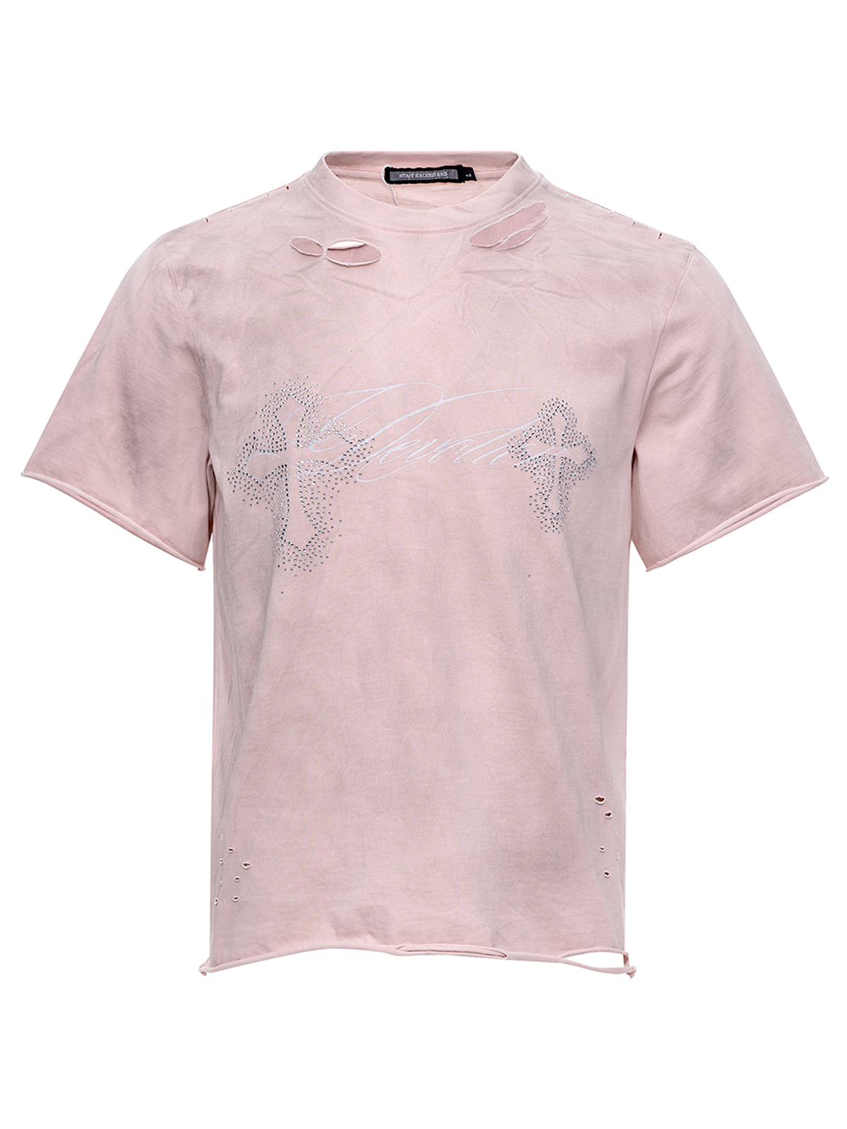 DECONSTRUCTED RHINESTONE CROSS MUD WASH TEE-PINK