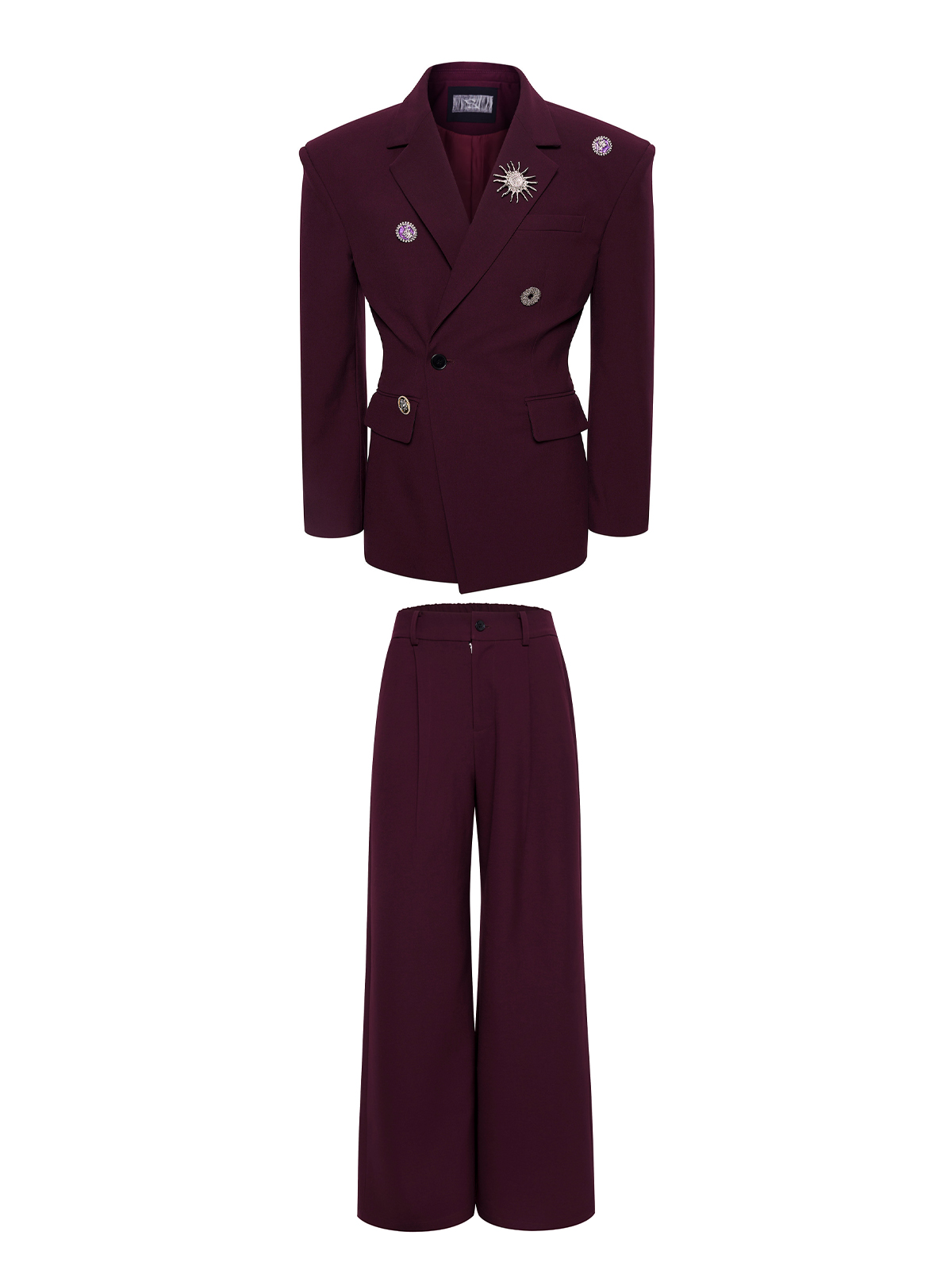 SCULPTED BROOCH-EMBELLISHED SUIT SET-BURGUNDY