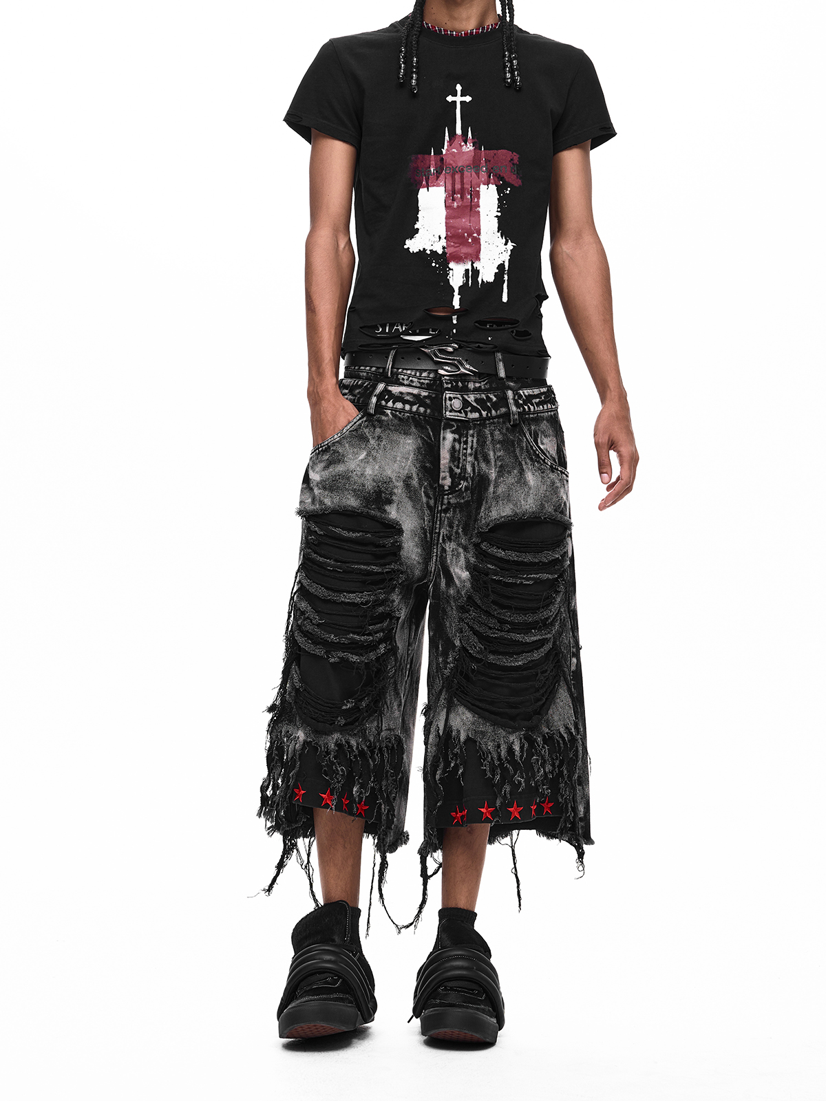 DOUBLE WAIST DISTRESSED FRINGE JORTS