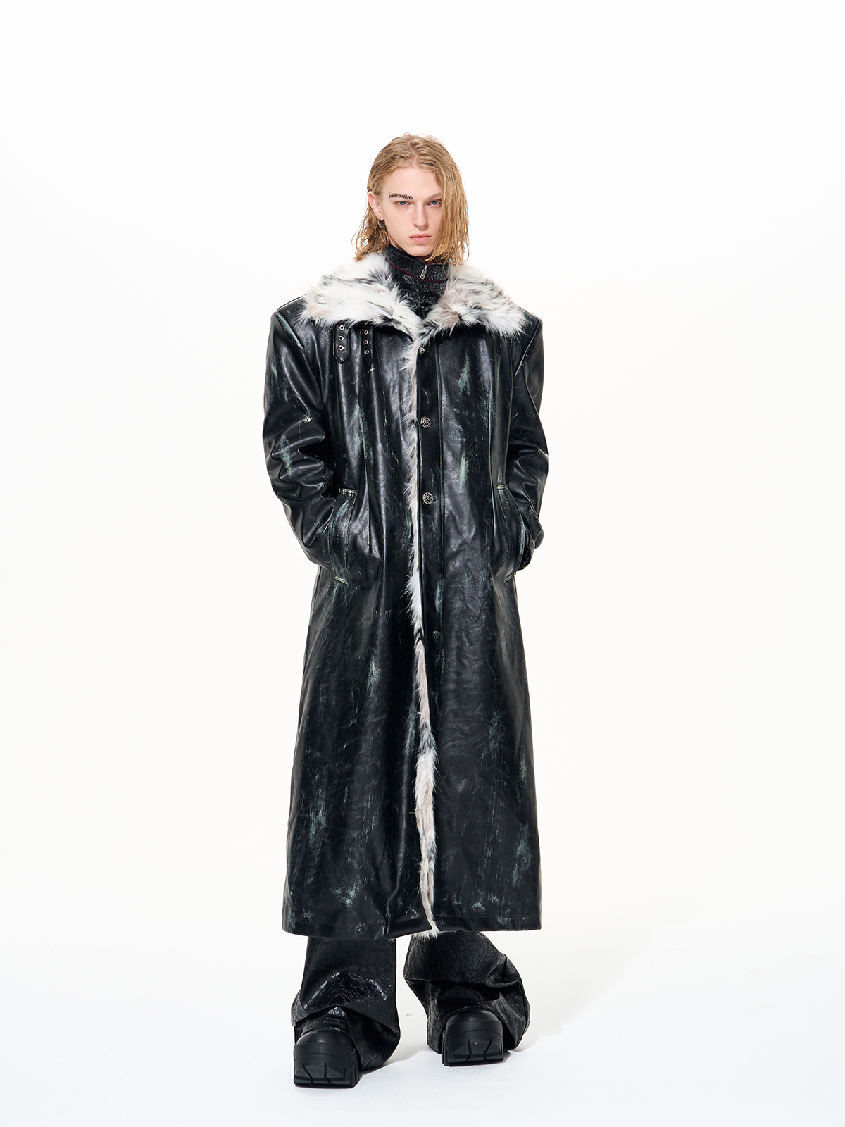 DISTRESSED BLACK FUR LINED BUCKLE TRENCH-START EXCEED END
