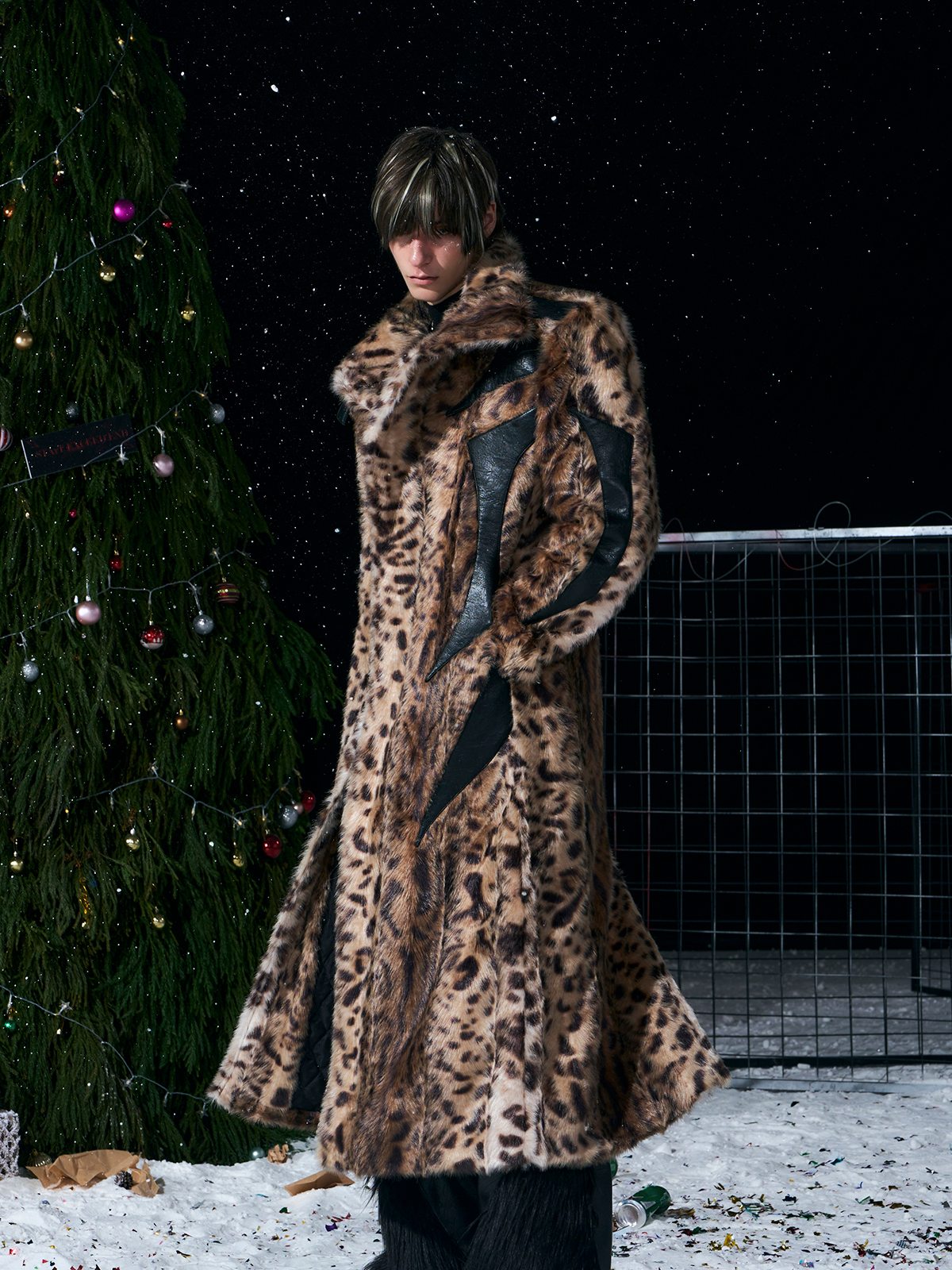 LEOPARD FAUX FUR LEATHER-PANEL MAXI COAT