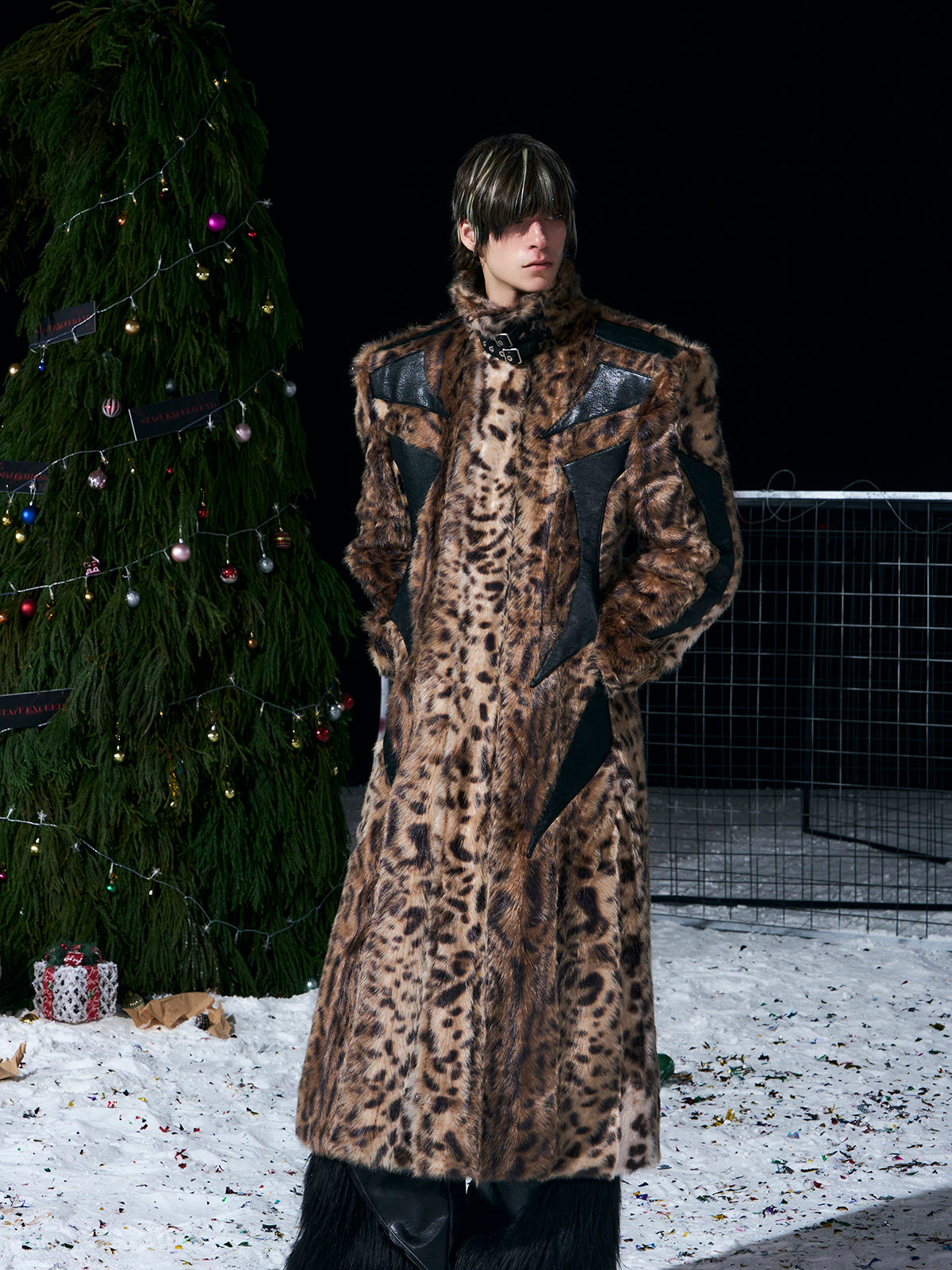 LEOPARD FAUX FUR LEATHER-PANEL MAXI COAT