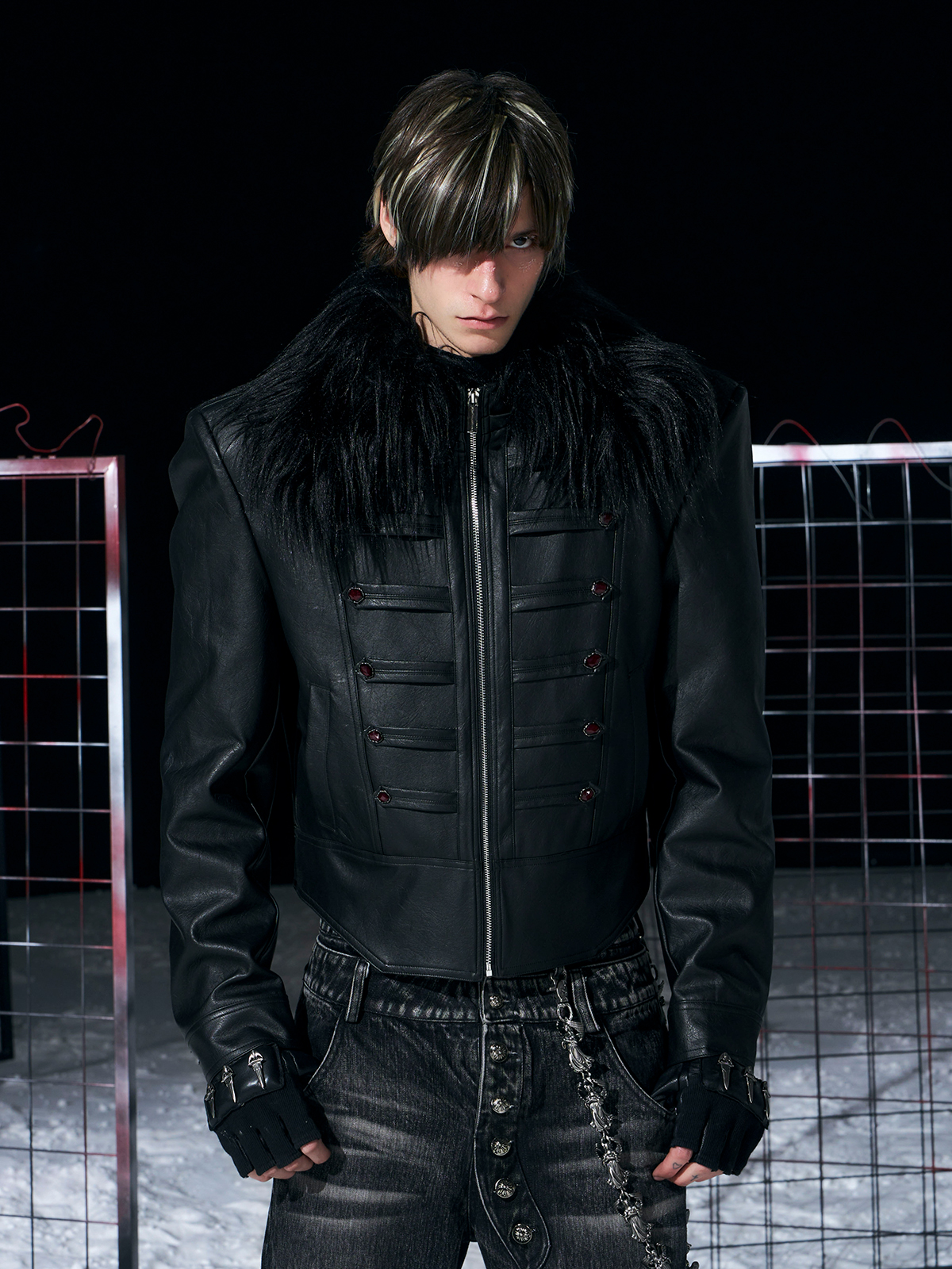 BLACK MILITARY HUSSAR JACKET WITH JEWEL BUTTONS & FUR COLLAR