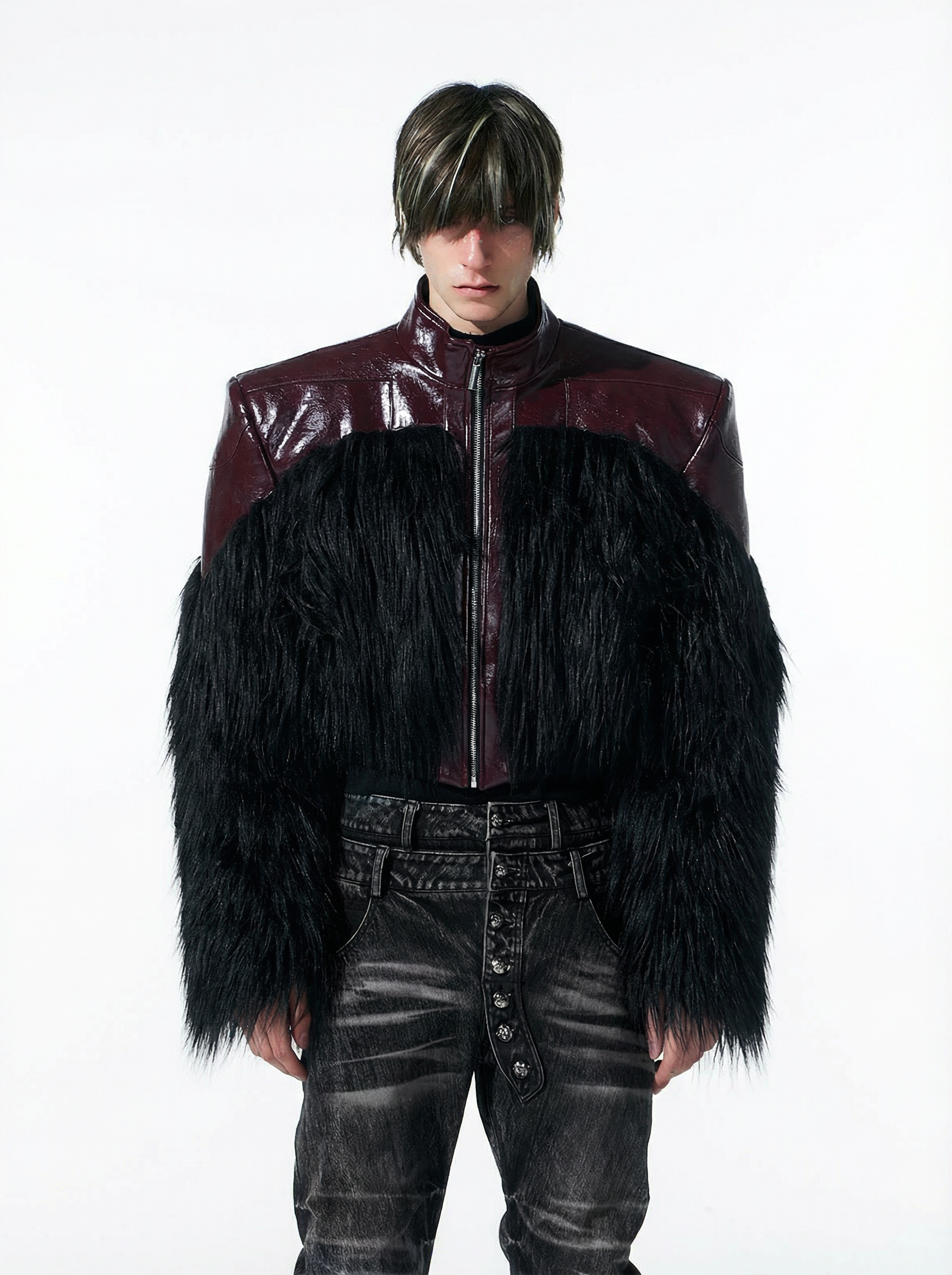 SHAGGY FAUX FUR PANEL CROPPED LEATHER JACKET-BURGUNDY