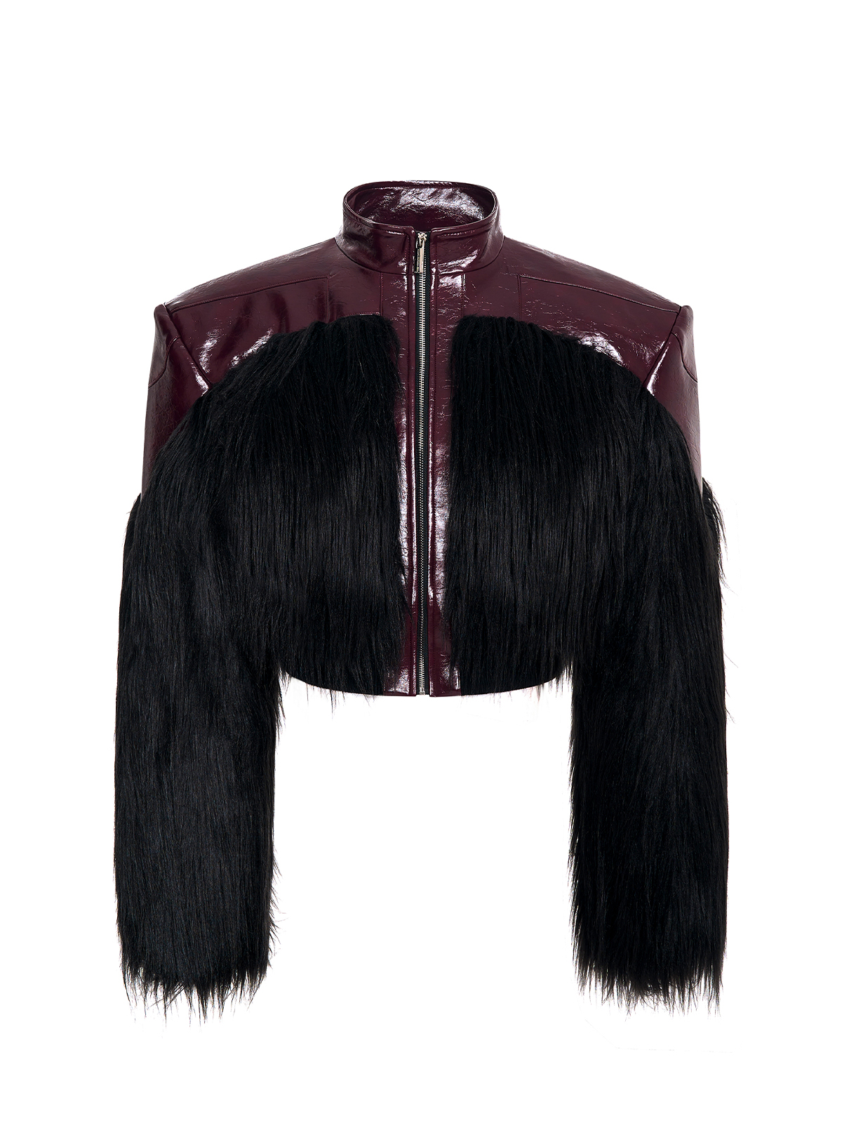 SHAGGY FAUX FUR PANEL CROPPED LEATHER JACKET-BURGUNDY