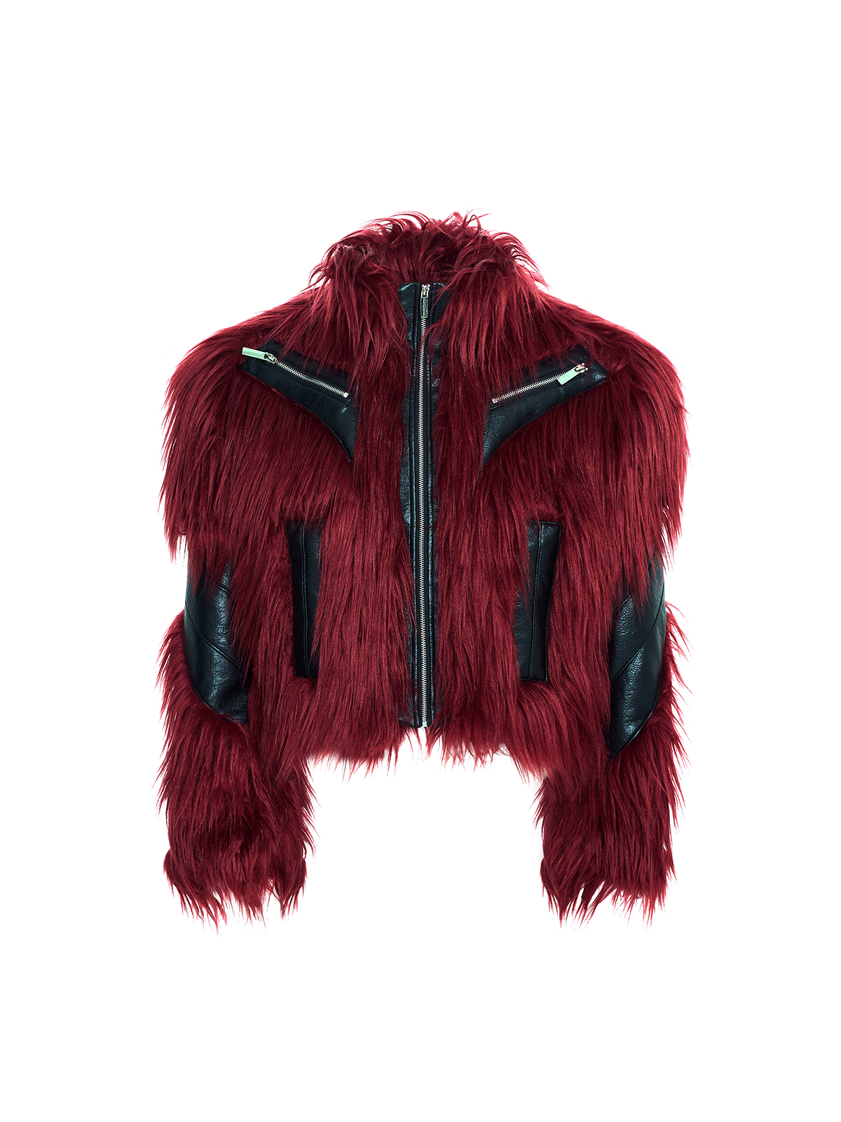 SHAGGY FAUX FUR LEATHER-PANEL CROPPED JACKET - BURGUNDY