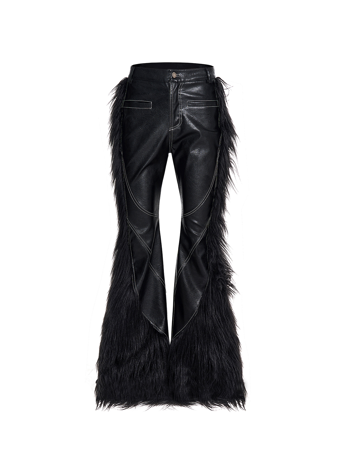 FAUX FUR SIDE-PANEL MICRO-FLARE LEATHER PANTS