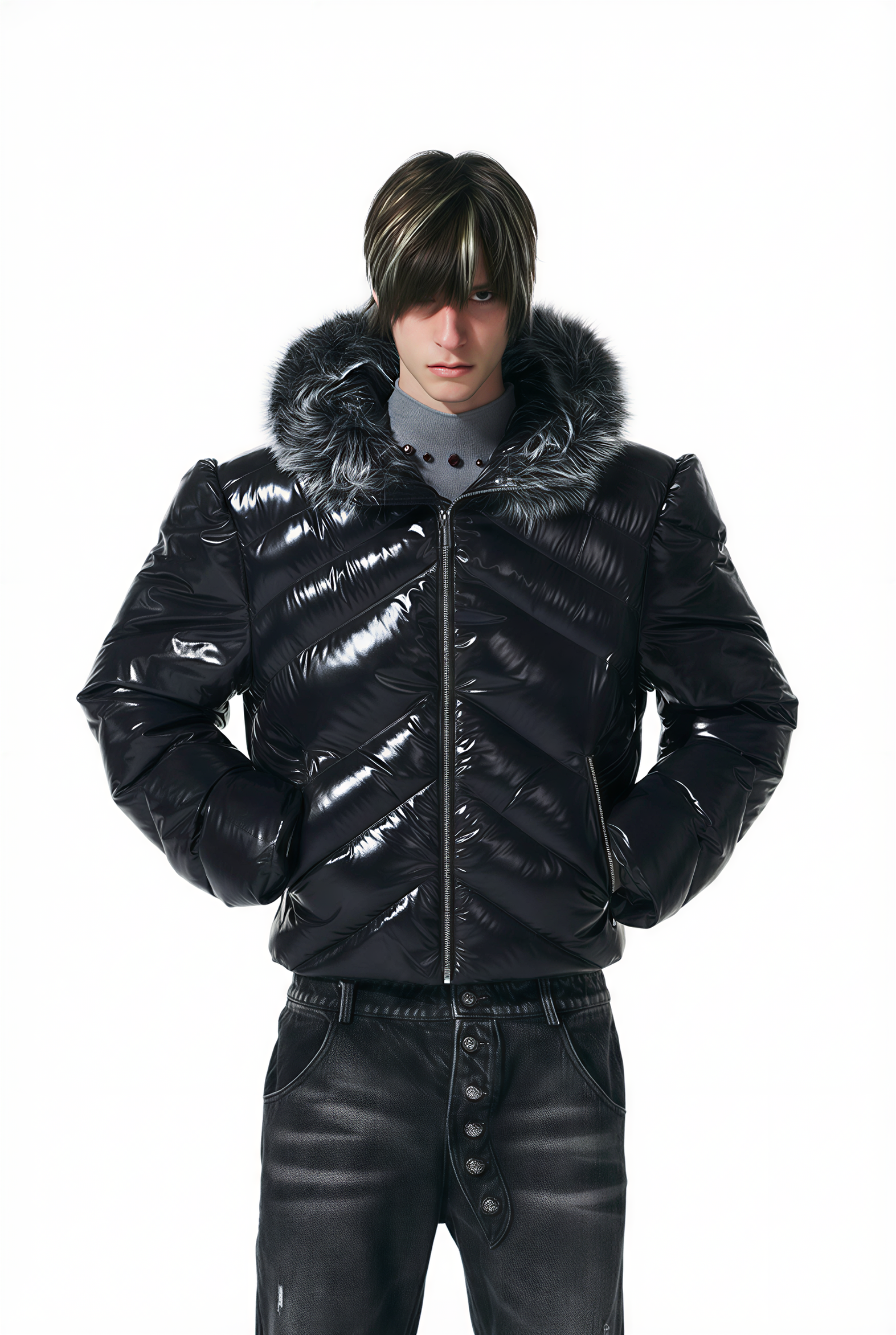 GLOSSY BLACK CHEVRON PUFFER WITH FAUX FUR HOOD
