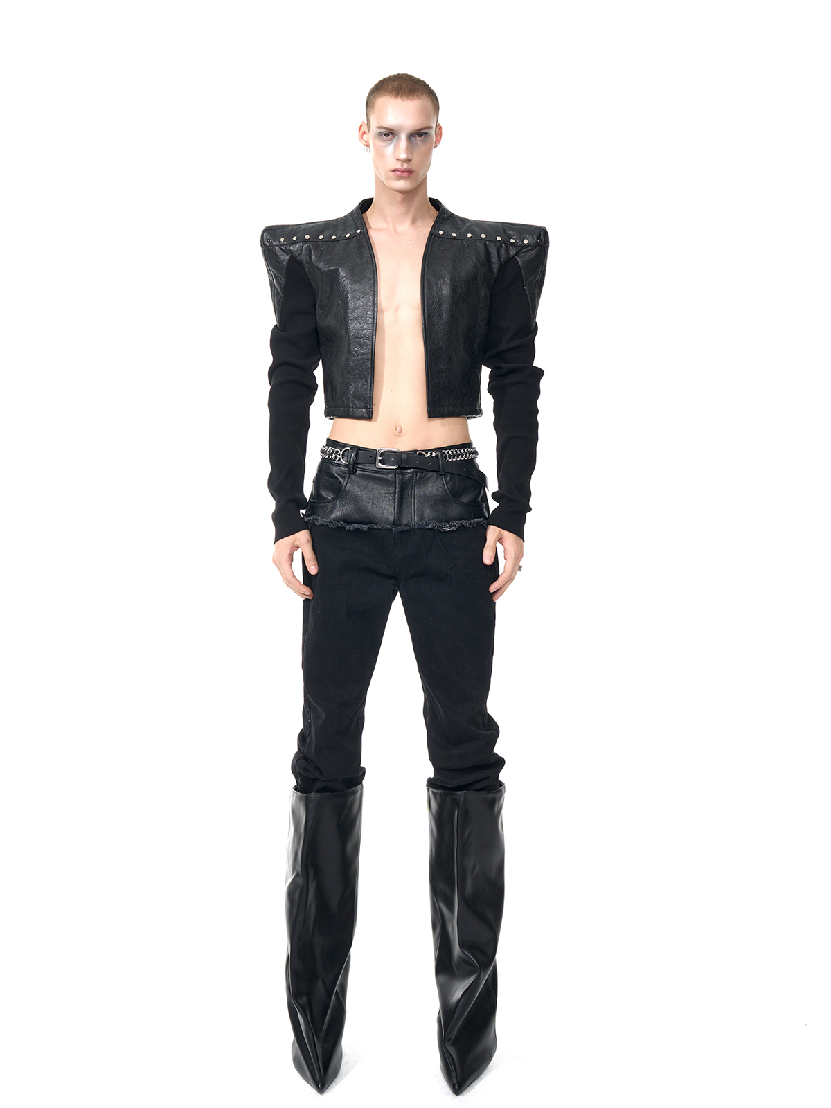 STUDDED POWER-SHOULDER HYBRID JACKET-START EXCEED END