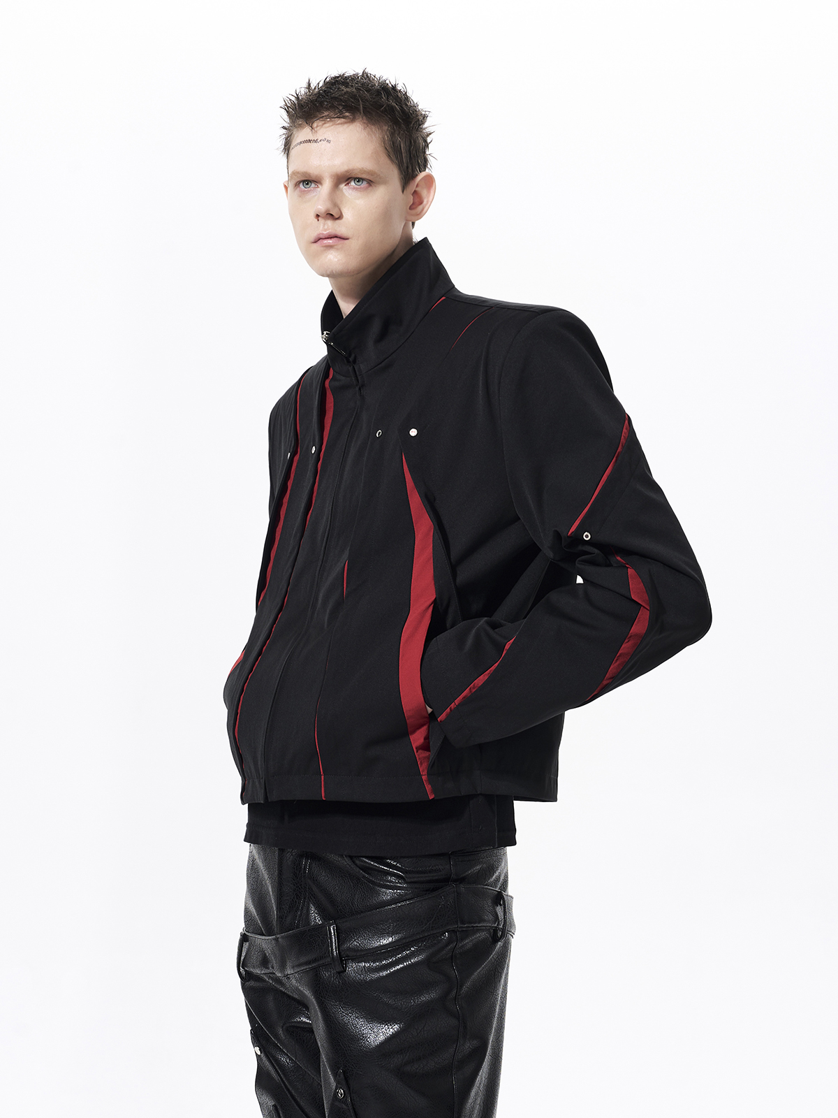 GEOMETRIC PANELED STAND COLLAR JACKET