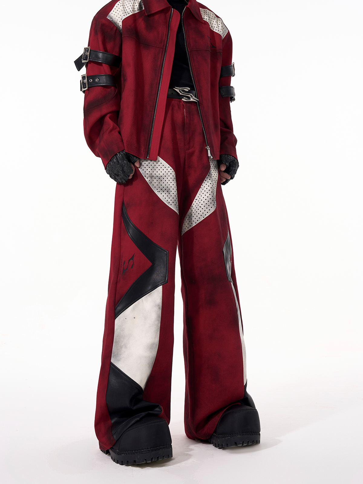DISTRESSED RED CYBER-MOTO JACKET & PANTS SET-START EXCEED END
