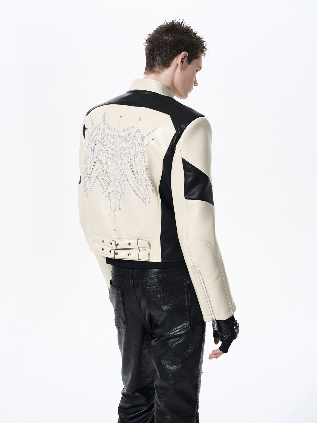 EMBROIDERED SKELETAL HORSE MOTO JACKET-WHITE