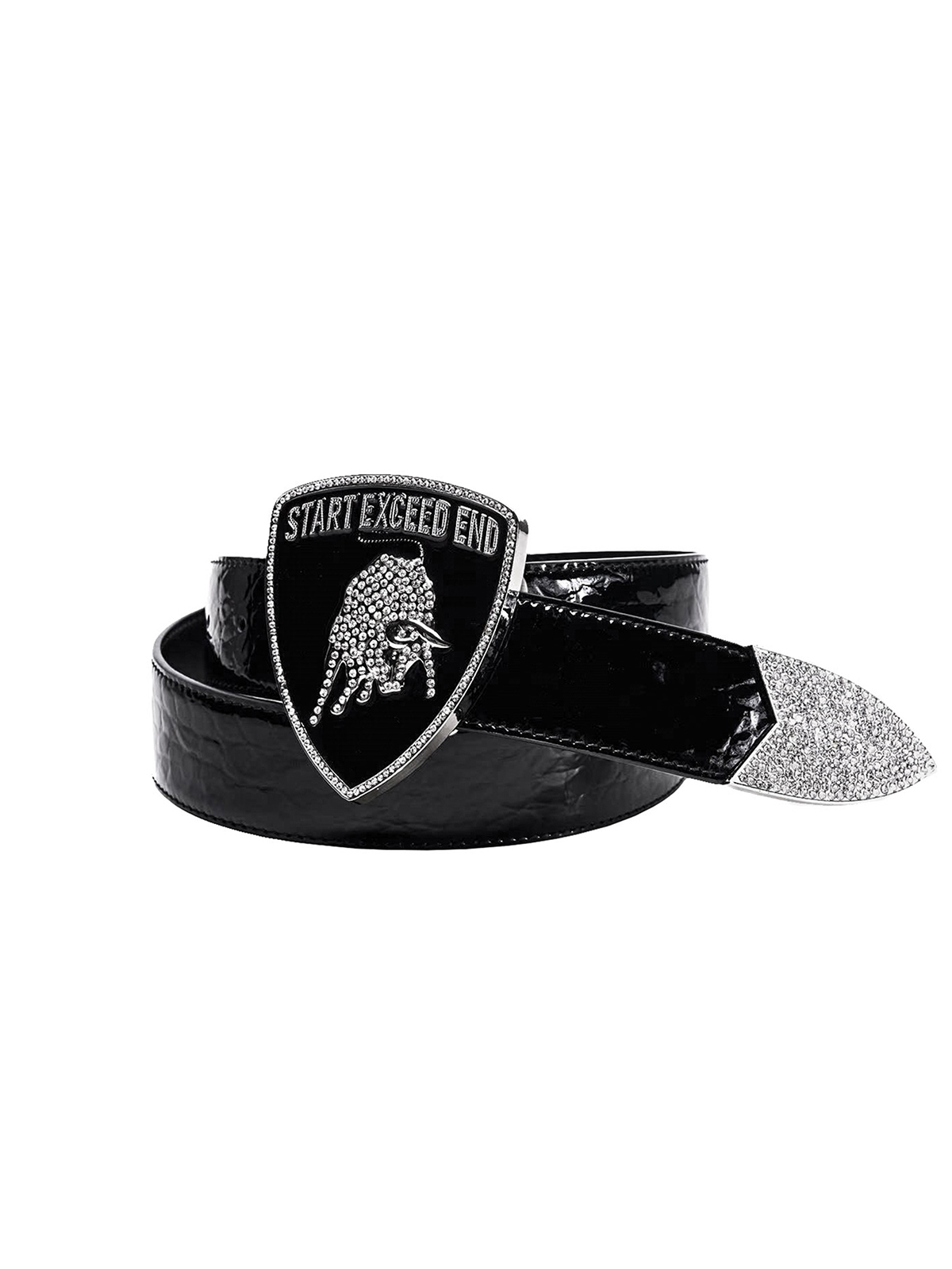 RHINESTONE BULL BUCKLE PATENT BELT