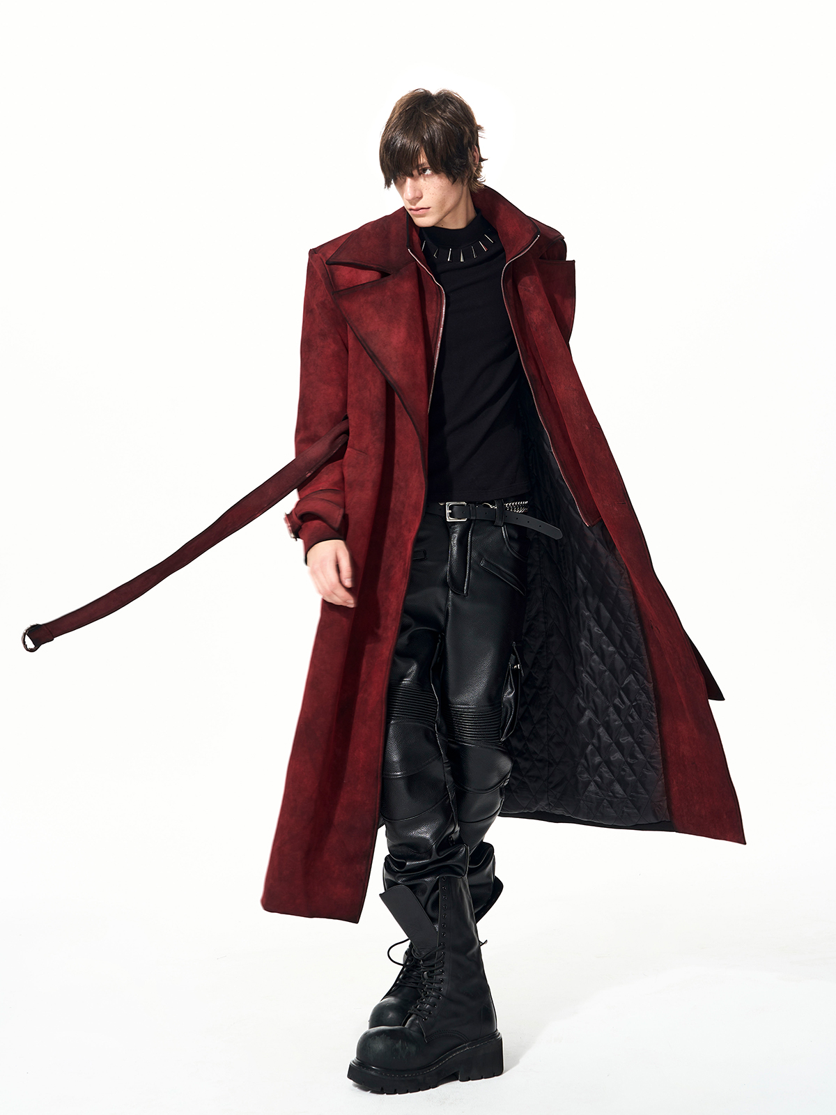 BLOOD RED DISTRESSED SUEDE BELTED TRENCH COAT-START EXCEED END