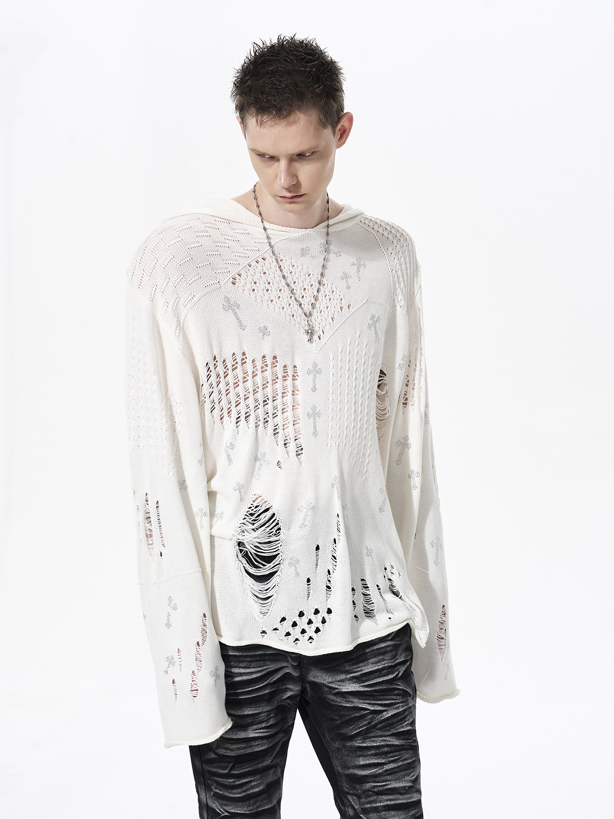 DISTRESSED CROSS RHINESTONE HOODED KNIT SWEATER-WHITE