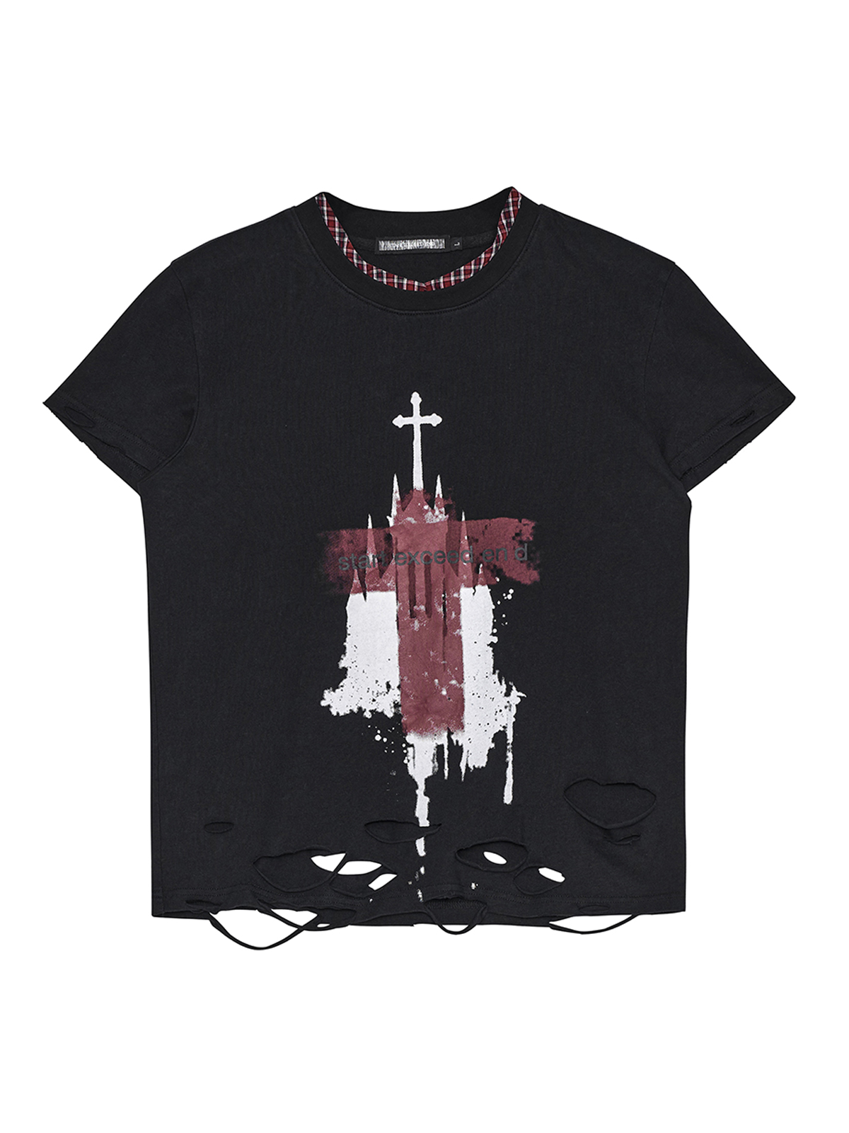DISTRESSED GOTHIC CROSS PLAID-COLLAR TEE