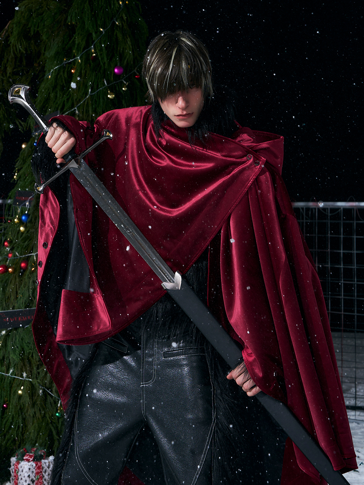 WARHORSE EMBROIDERED VELVET HOODED CLOAK-BURGUNDY