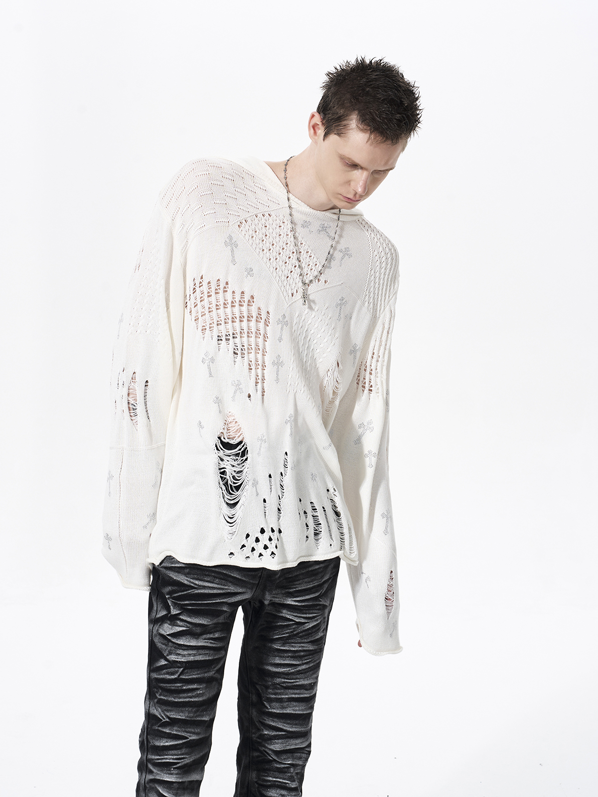 DISTRESSED CROSS RHINESTONE HOODED KNIT SWEATER-WHITE