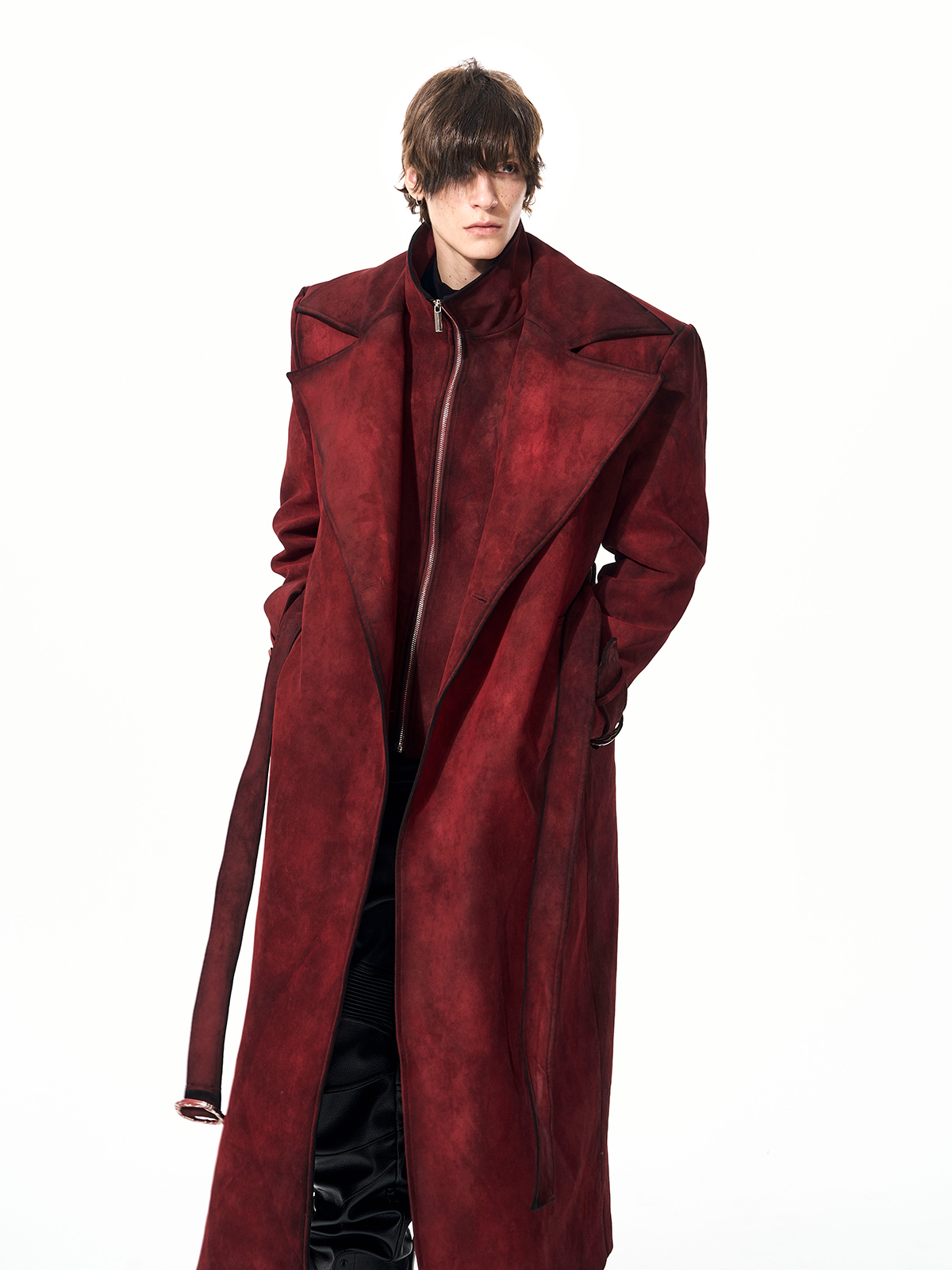 BLOOD RED DISTRESSED SUEDE BELTED TRENCH COAT-START EXCEED END