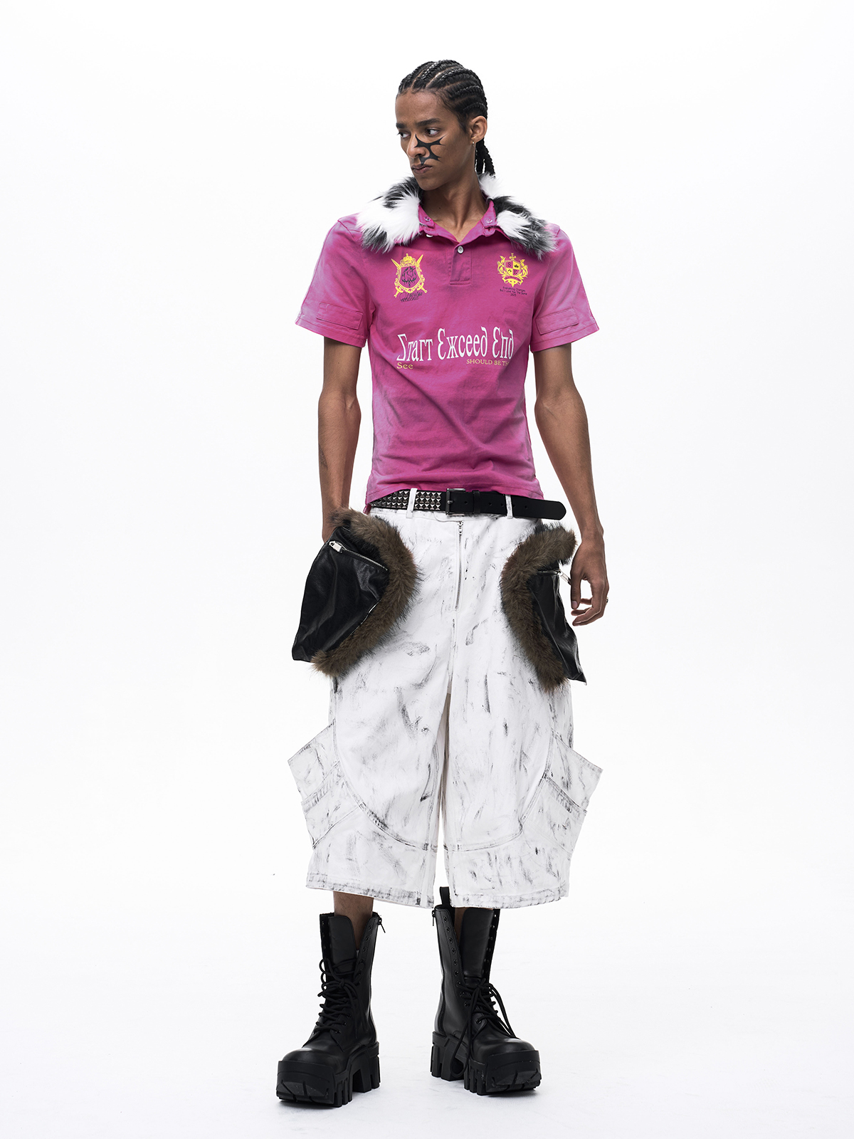 MUD WASH DISTRESSED FUR COLLAR T-SHIRT-ROSE RED