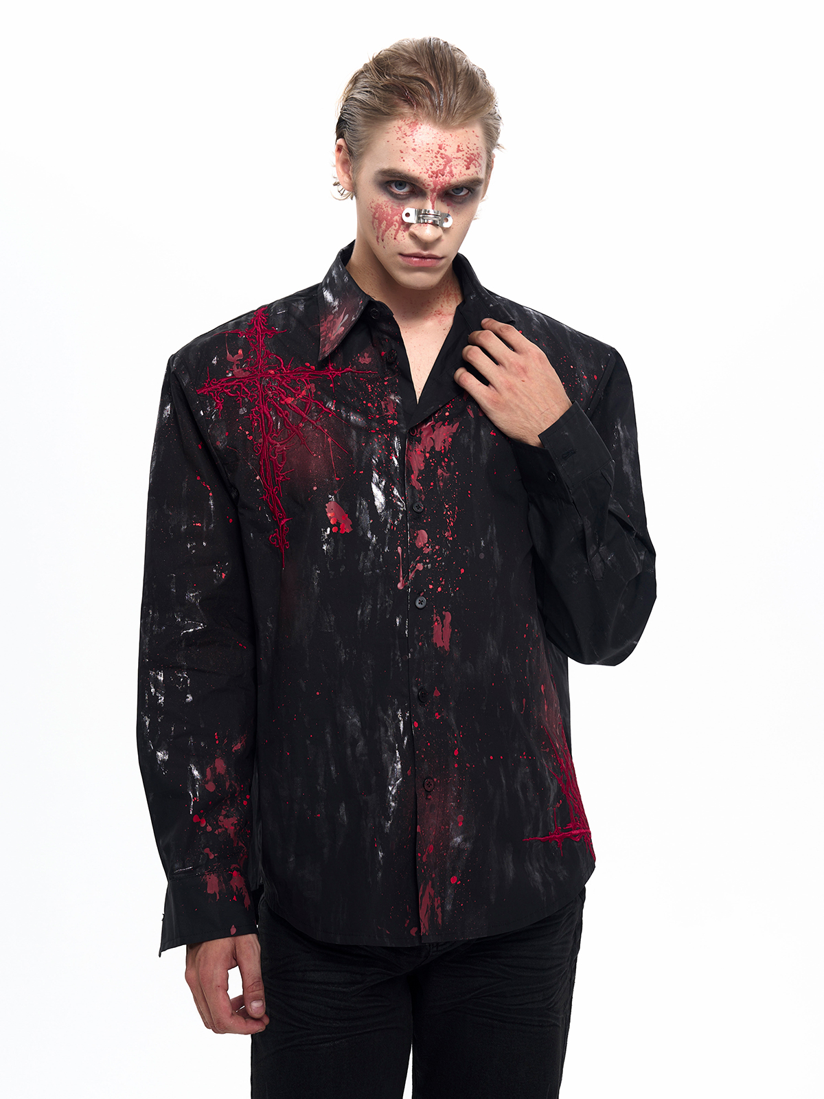 CRIMSON SPLATTER THORN CROSS SHIRT-START EXCEED END