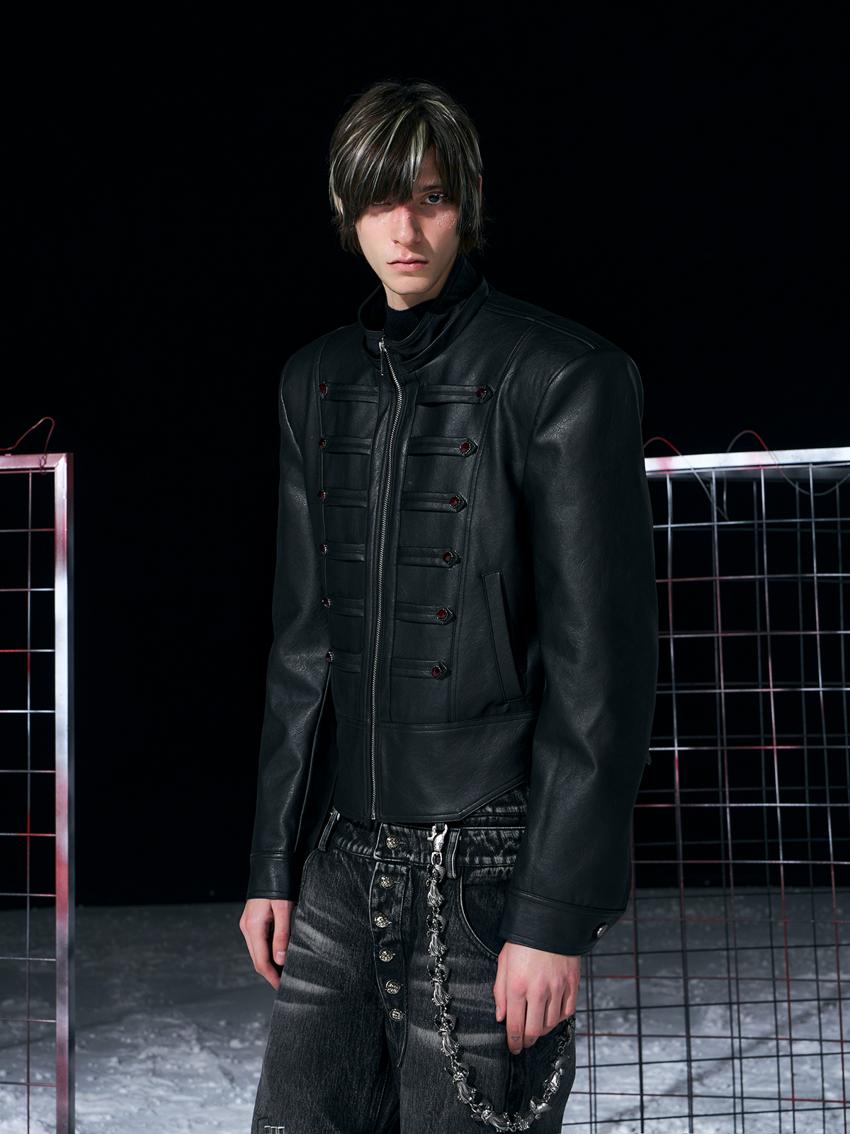 BLACK MILITARY HUSSAR JACKET WITH JEWEL BUTTONS & FUR COLLAR