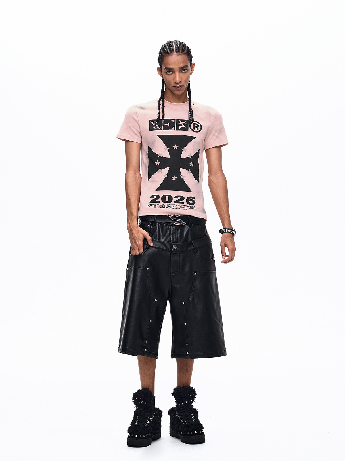 DOUBLE WAIST STUDDED CROSS PU LEATHER JORTS