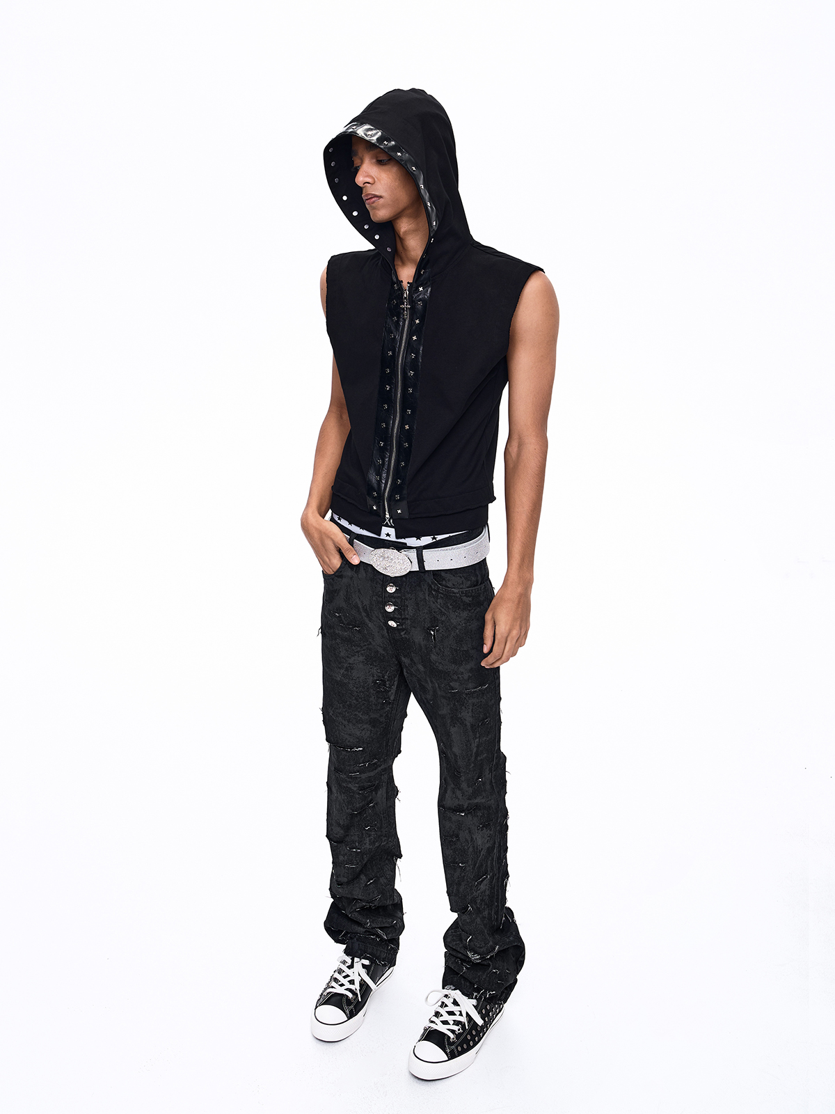 TUDDED CROSS LEATHER-PANEL HOODED VEST