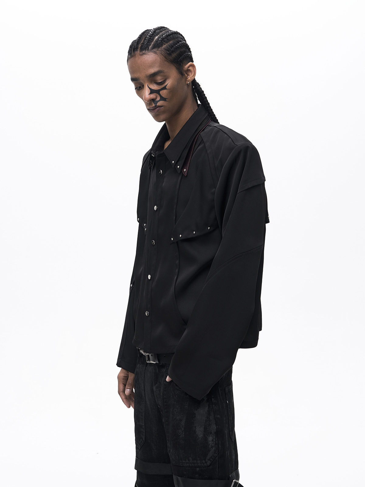 TRIPLE COLLAR DECONSTRUCTED LONG SLEEVE SHIRT-BLACK