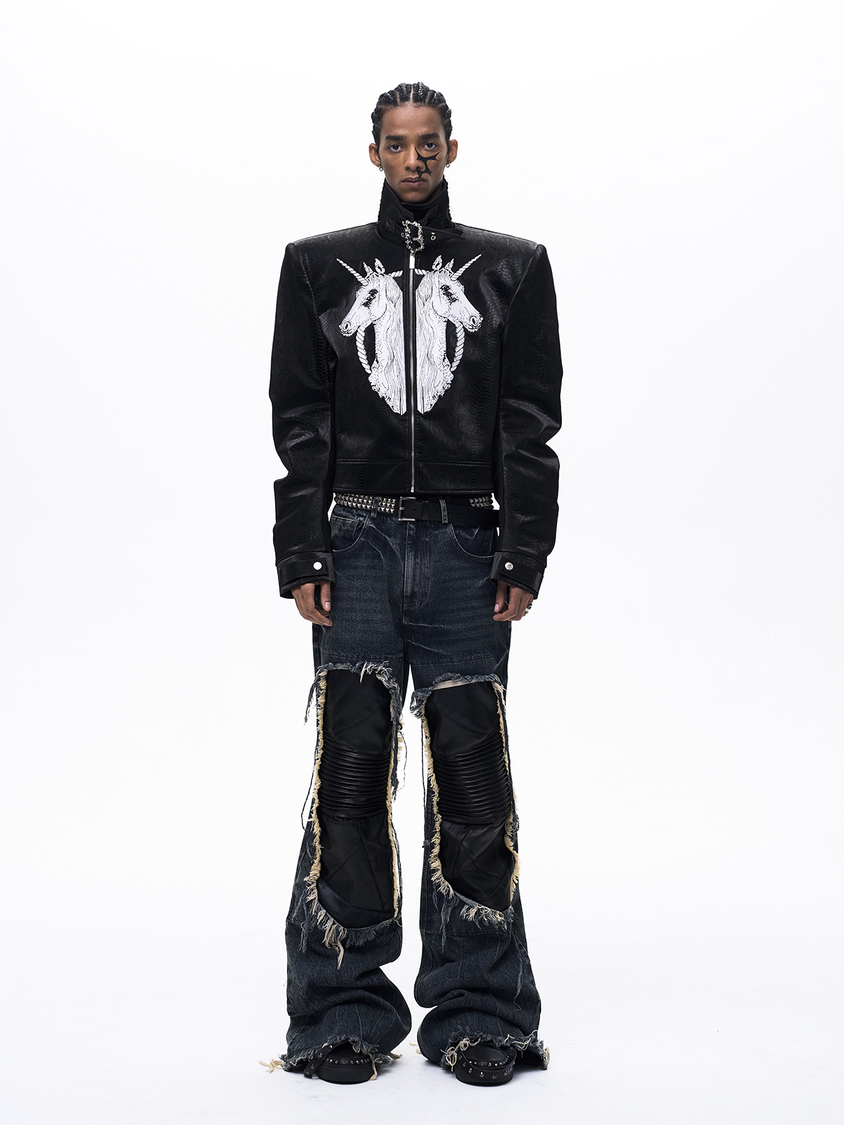 EMBROIDERED UNICORN STAND COLLAR LEATHER JACKET