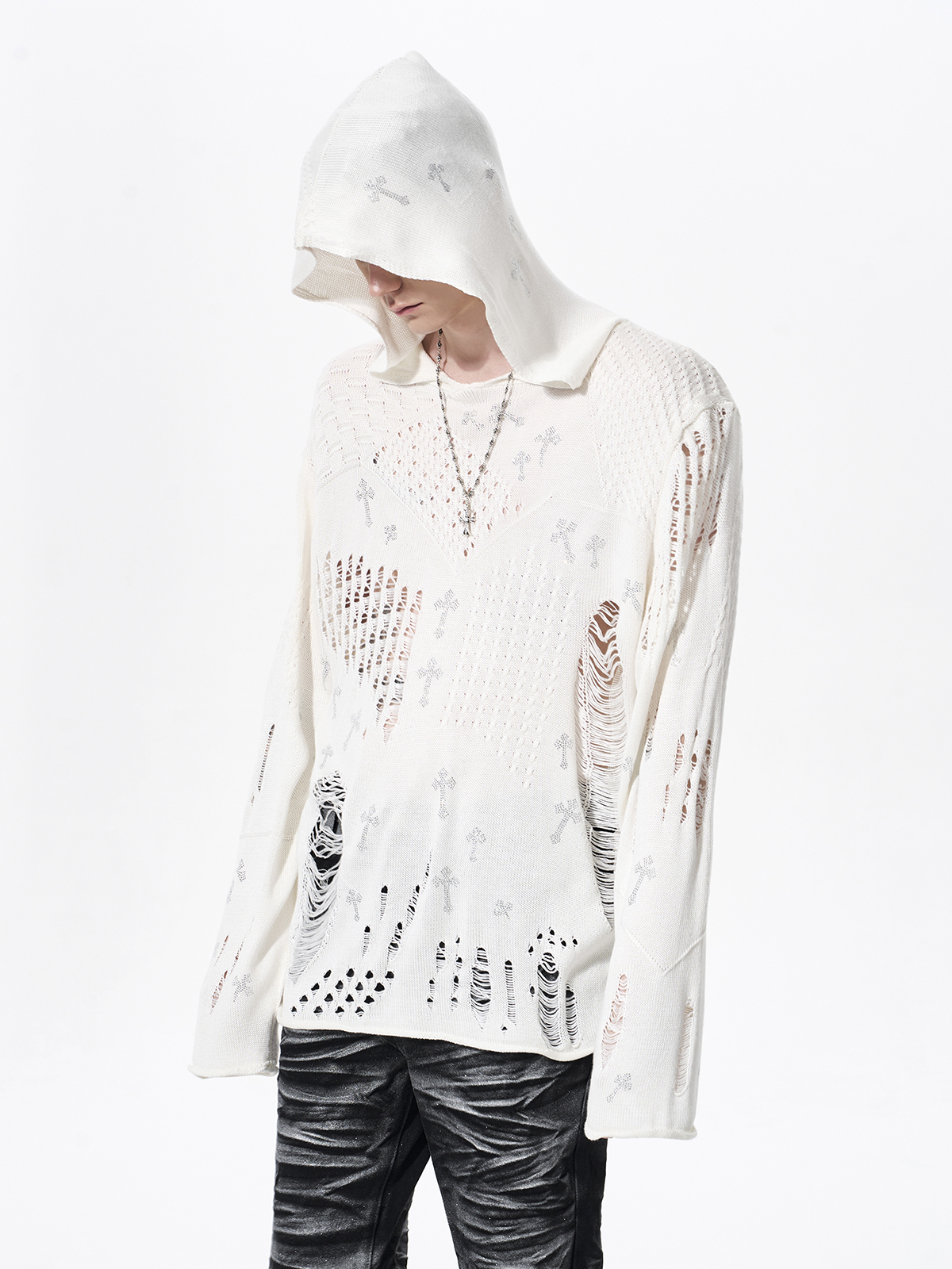 DISTRESSED CROSS RHINESTONE HOODED KNIT SWEATER-WHITE