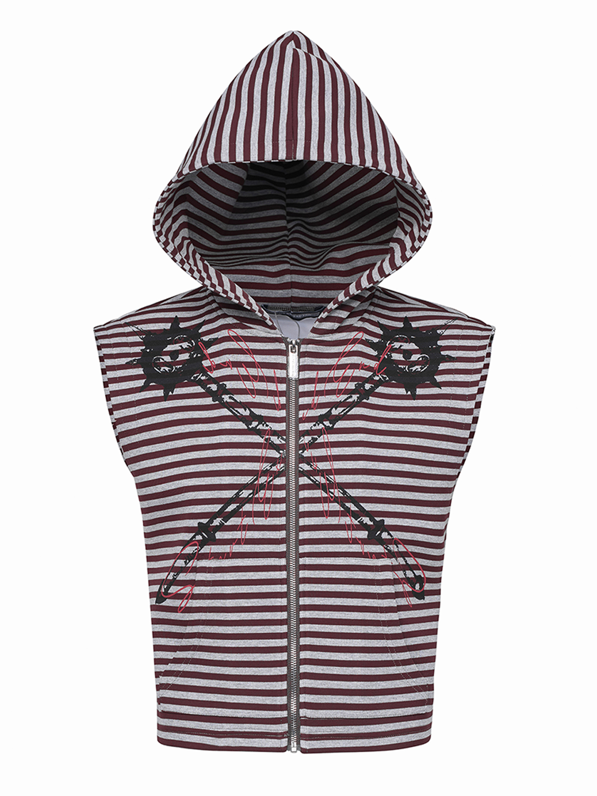 STRIPED MORNING STAR ZIP HOODIE VEST-BURGUNDY/GREY
