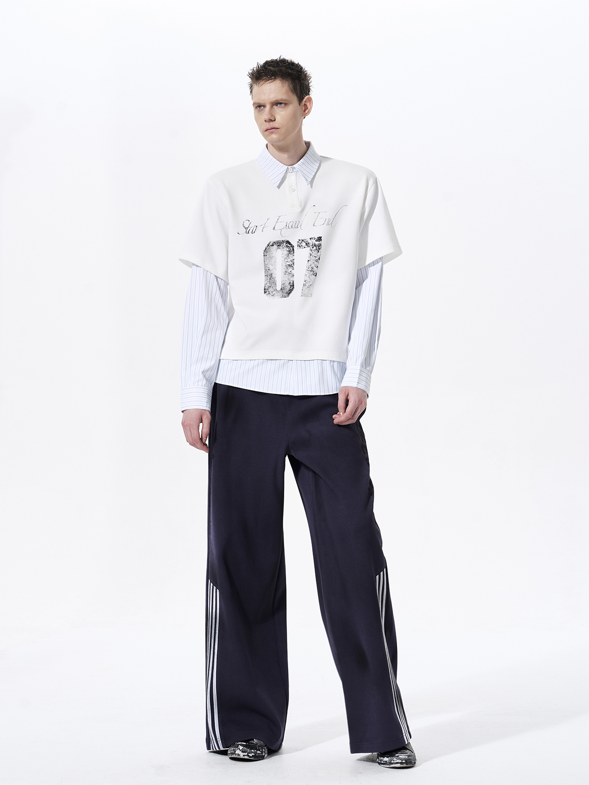 DISTRESSED GRAPHIC LAYERED POLO SHIRT-WHITE