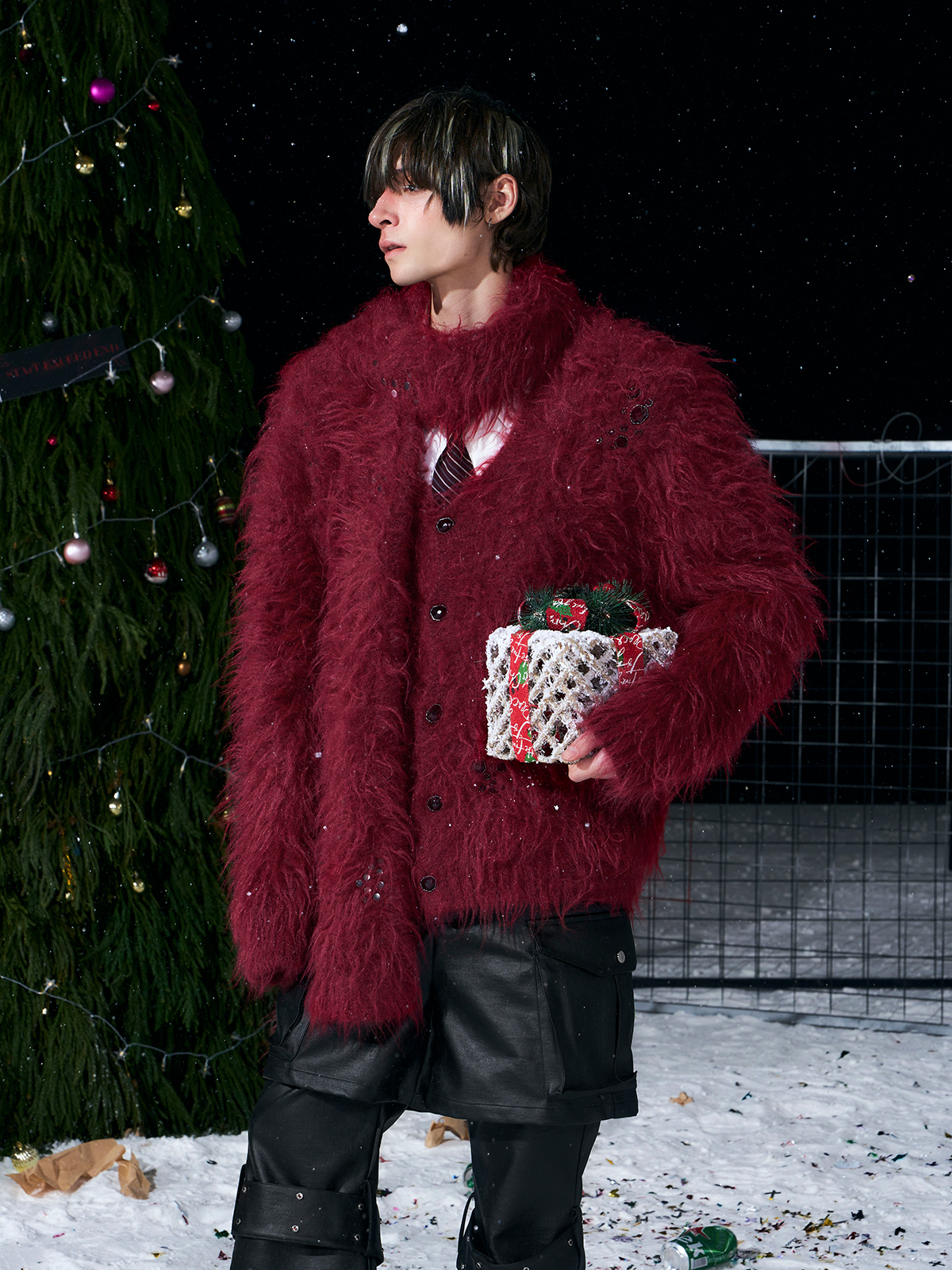 BURGUNDY RED FUZZY MOHAIR CARDIGAN & SCARF SET