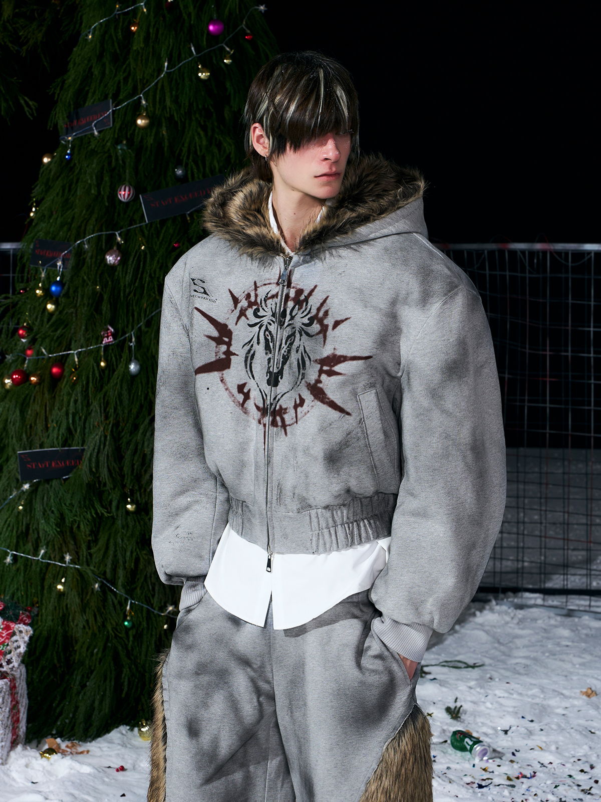 VINTAGE GREY REVERSIBLE FUR HOODIE & FUR PANEL PANTS SET