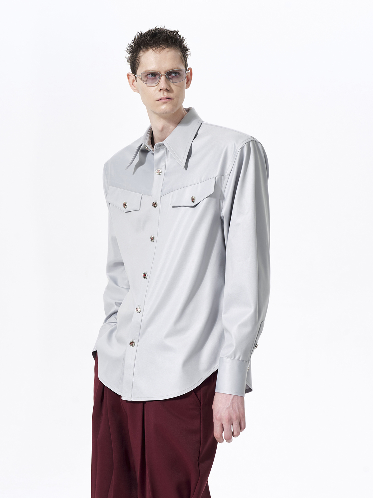 FAUX ACETATE STRUCTURED SHOULDER SHIRT-SLATE GREY