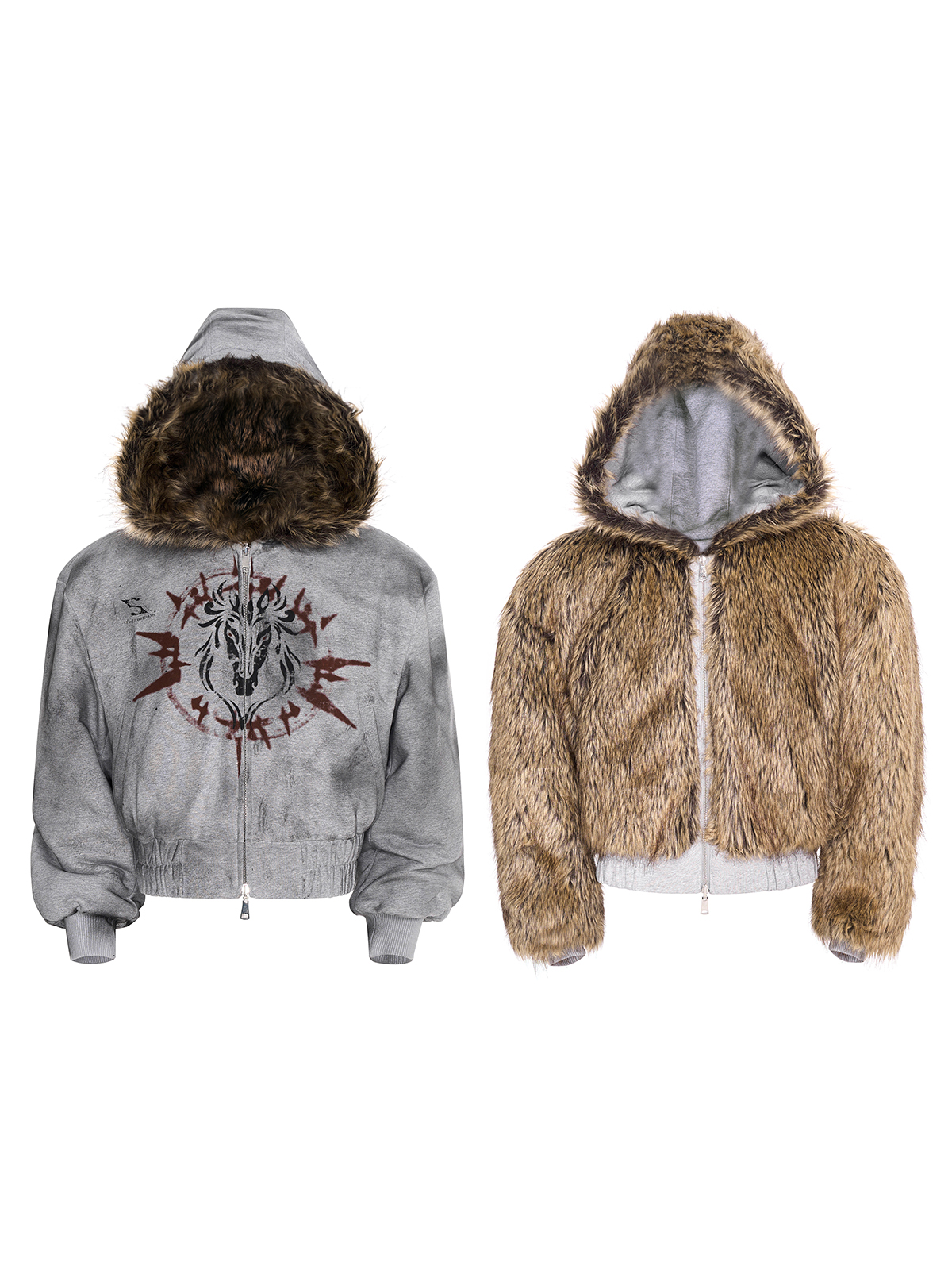 VINTAGE GREY REVERSIBLE FUR HOODIE & FUR PANEL PANTS SET