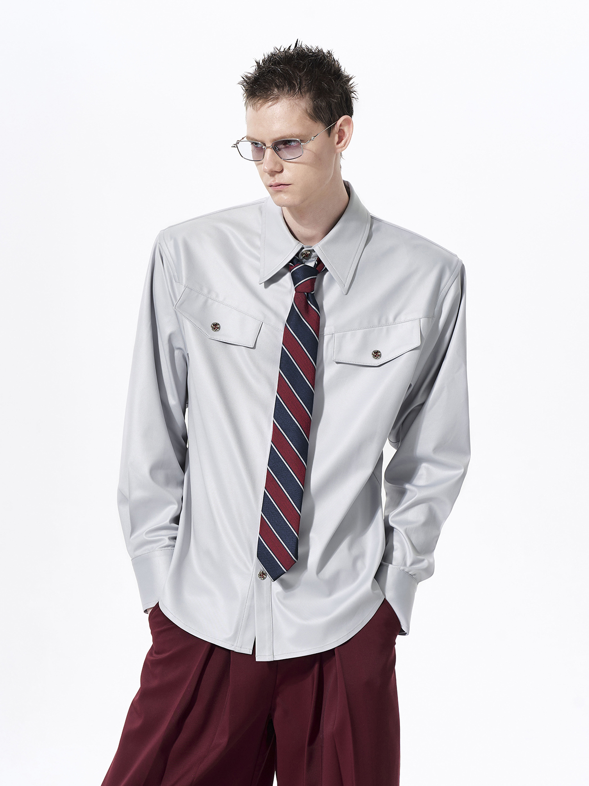 FAUX ACETATE STRUCTURED SHOULDER SHIRT-SLATE GREY